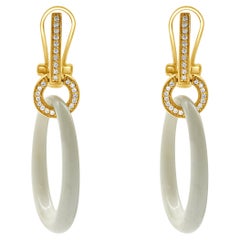 18 Karat Rose Gold Pure White Agate and Diamond Drop Earrings