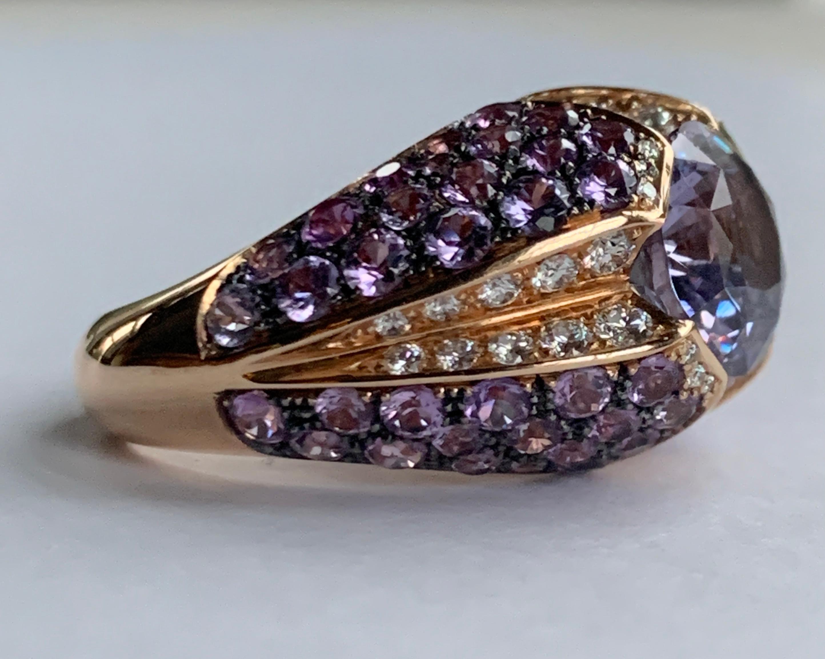 Contemporary 18 Karat Rose Gold Purple Spinel Cocktail Ring with Sapphires and Diamonds For Sale