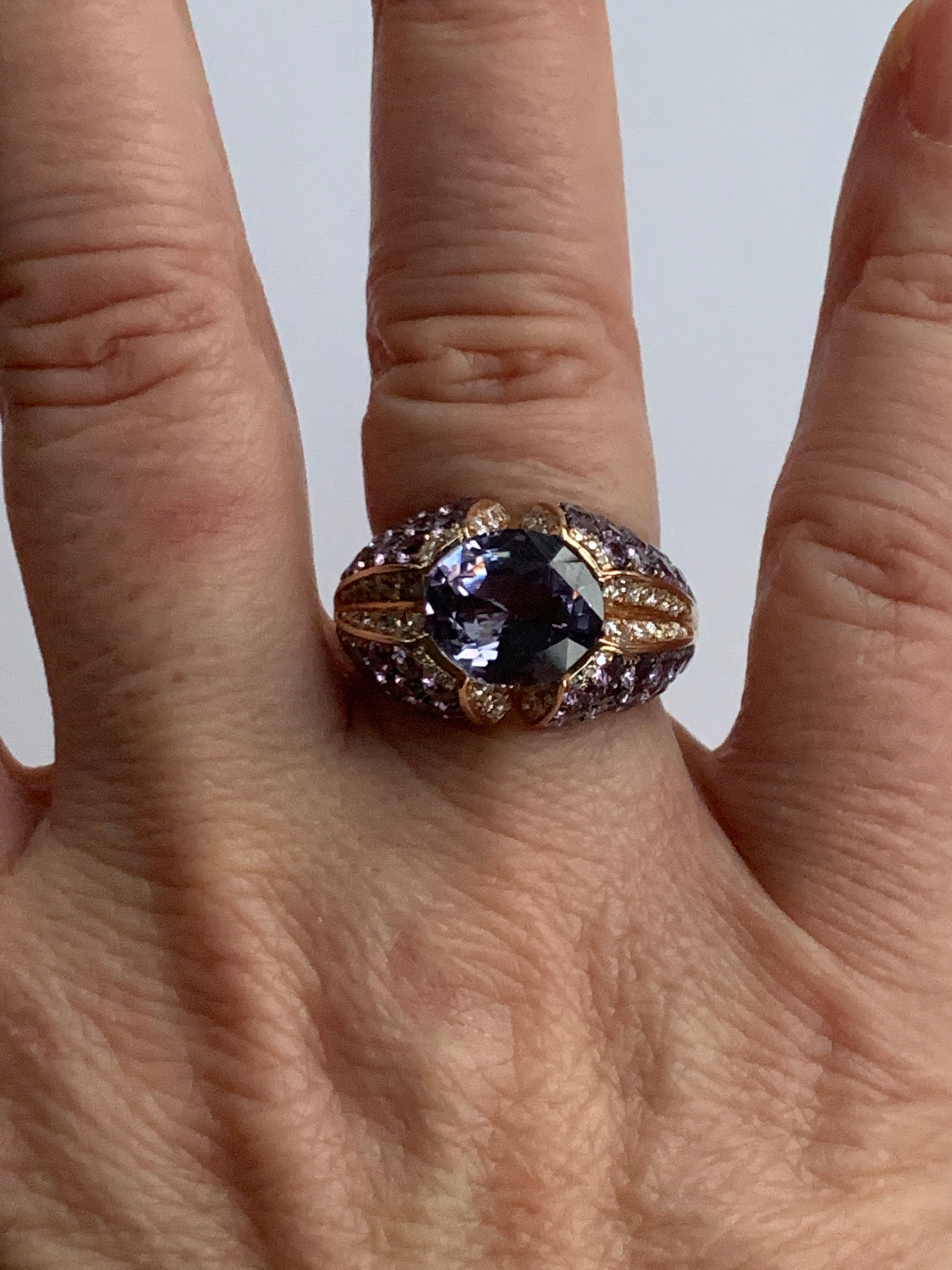 Women's 18 Karat Rose Gold Purple Spinel Cocktail Ring with Sapphires and Diamonds For Sale