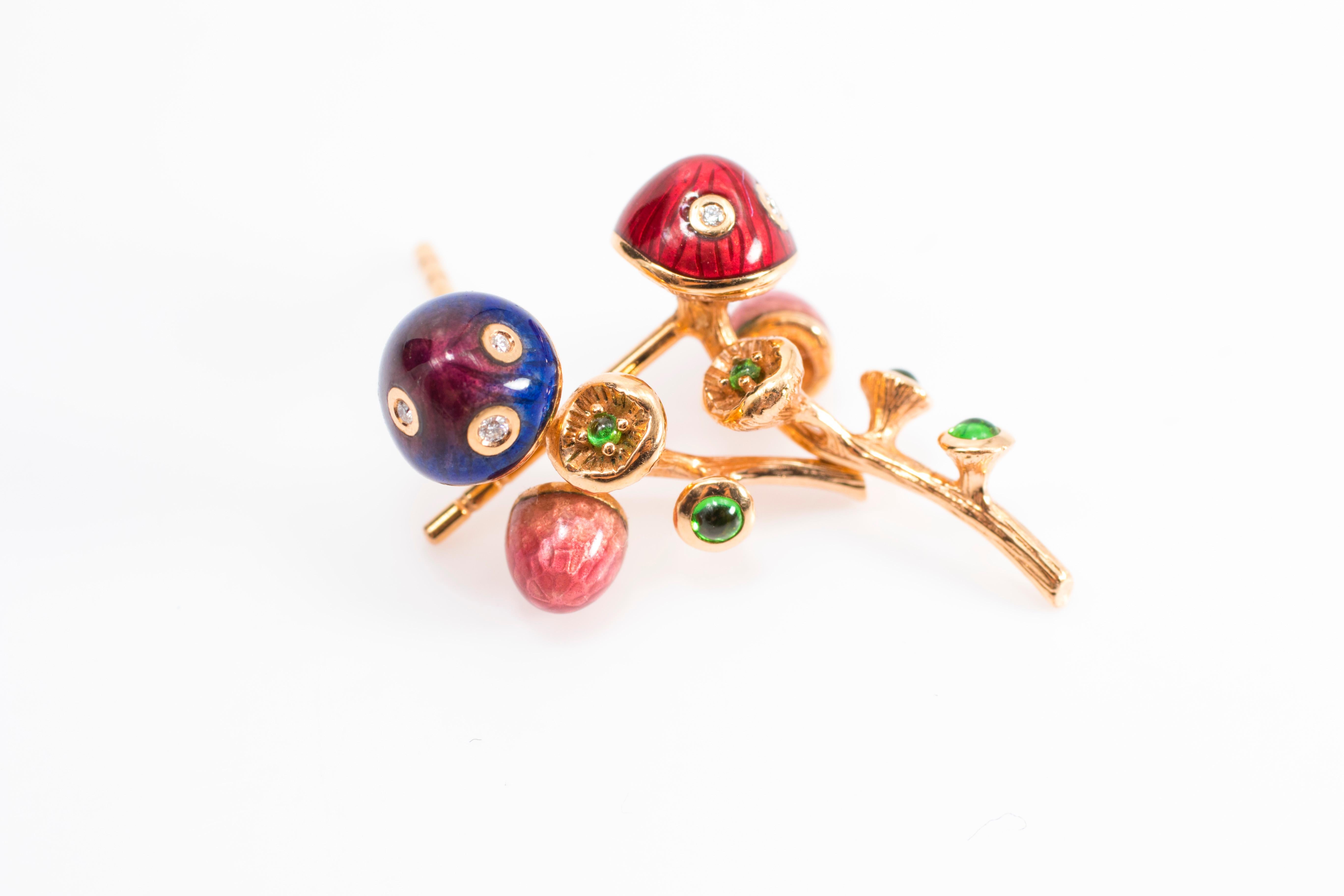 Hot Enamel Mushroom Earrings in 18K Rose Gold set with diamonds and tsavorites