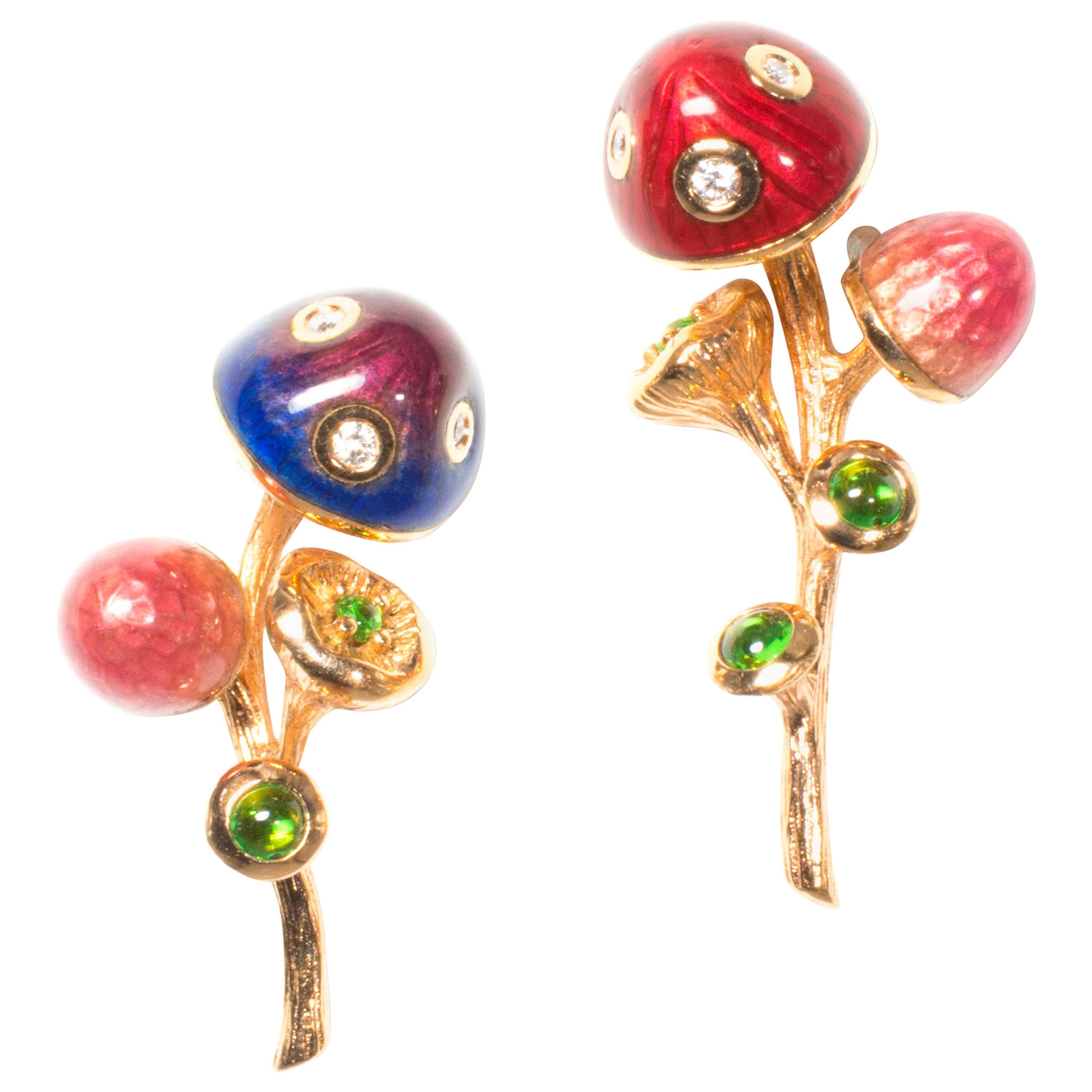 18 Karat Rose Gold Red and Blue Enamel Mushroom Asymmetrical Earrings For Sale
