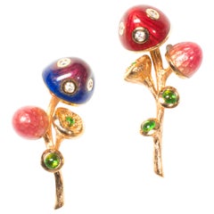 18 Karat Rose Gold Red and Blue Enamel Mushroom Asymmetrical Earrings