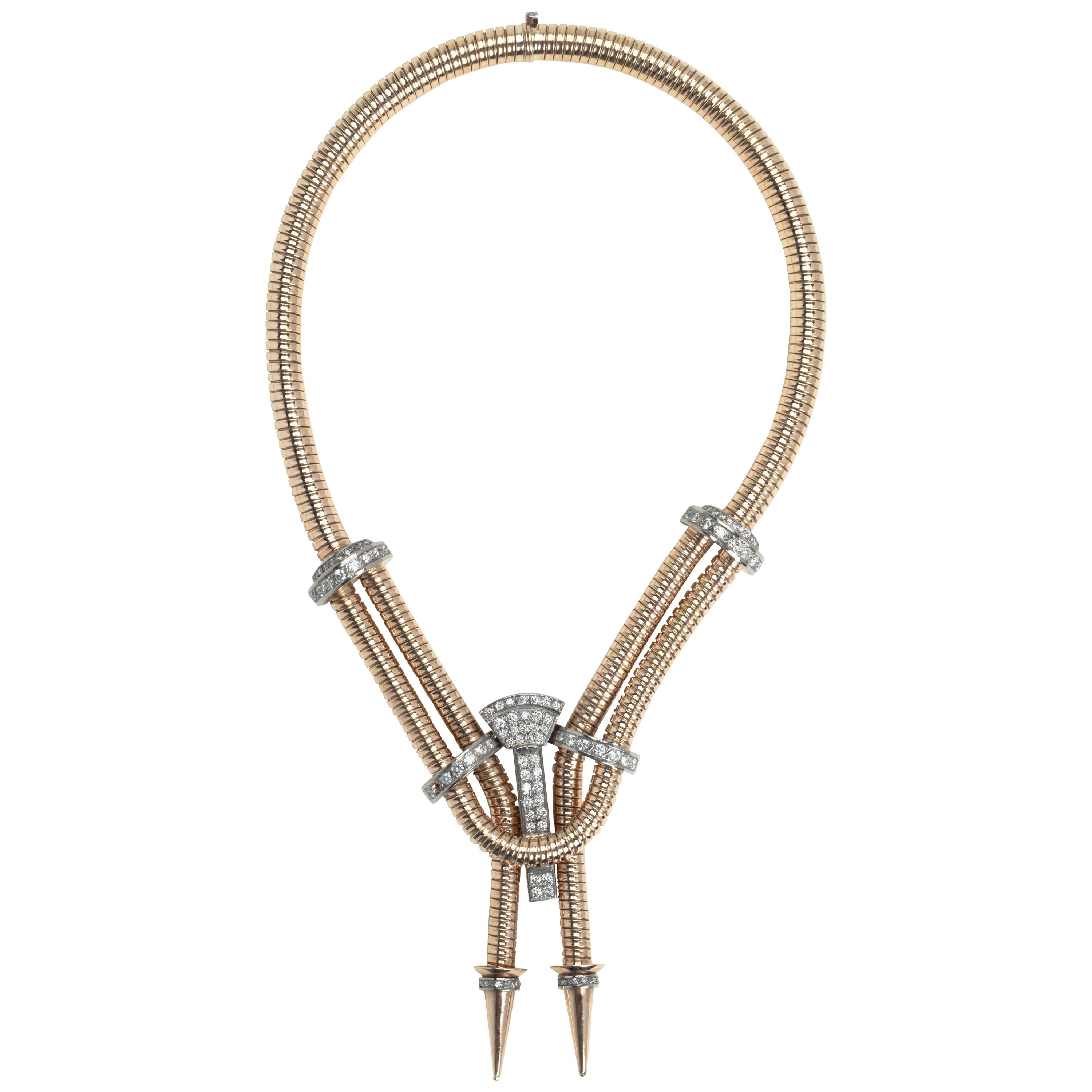 18 Karat Rose Gold Retro "Gas Pipe" Necklace Inset with Diamonds