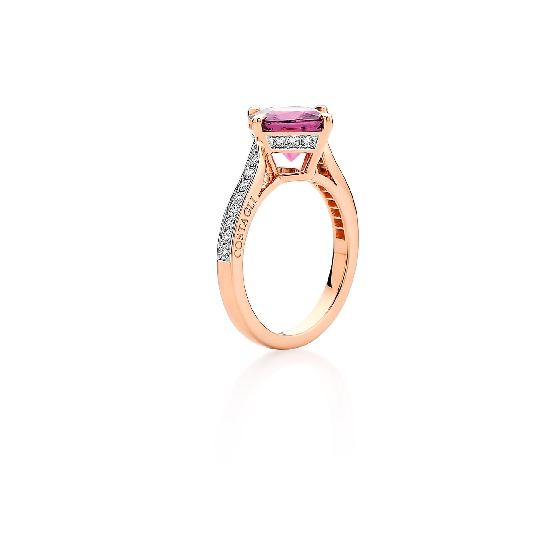 One-of-a-kind cushion shape rhodolite pink garnet ring set in 18kt rose gold with pave-set round, brilliant diamonds.

 

This 18kt rose gold rhodolite pink garnet and diamonds cushion ring features the quintessential characteristics of a Paolo