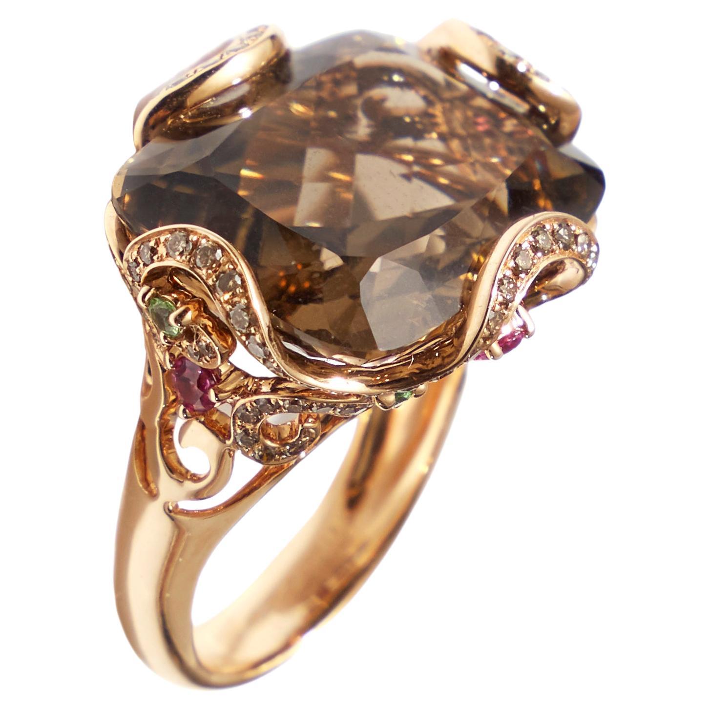18 Karat Rose Gold Ring with Smokey Quartz Diamonds and Pink Sapphire For Sale