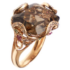 18 Karat Rose Gold Ring with Smokey Quartz Diamonds and Pink Sapphire