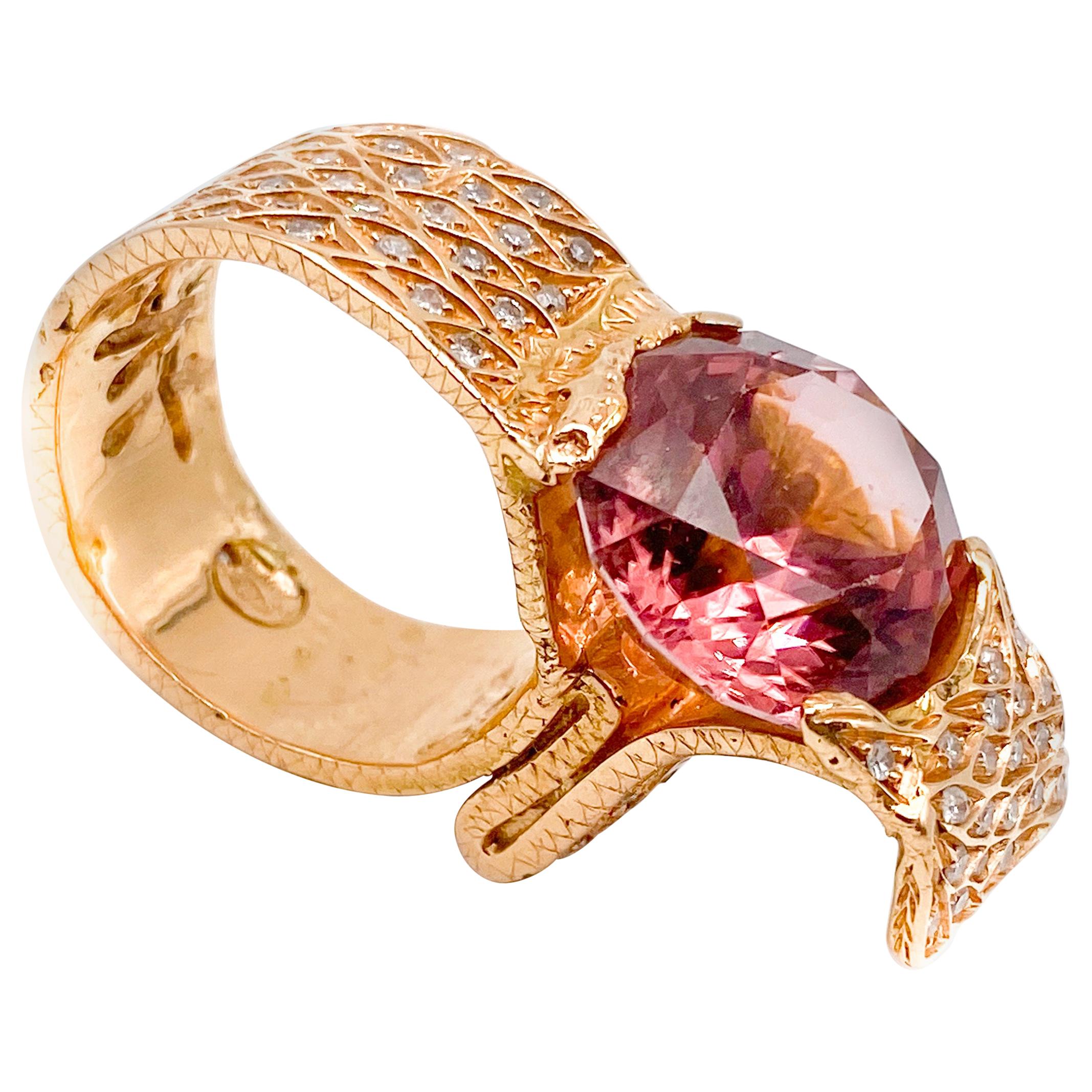 18 Karat Rose Gold Ring with Red Tourmaline ‘Carat 12’ and Diamonds ‘Carat.1.36’