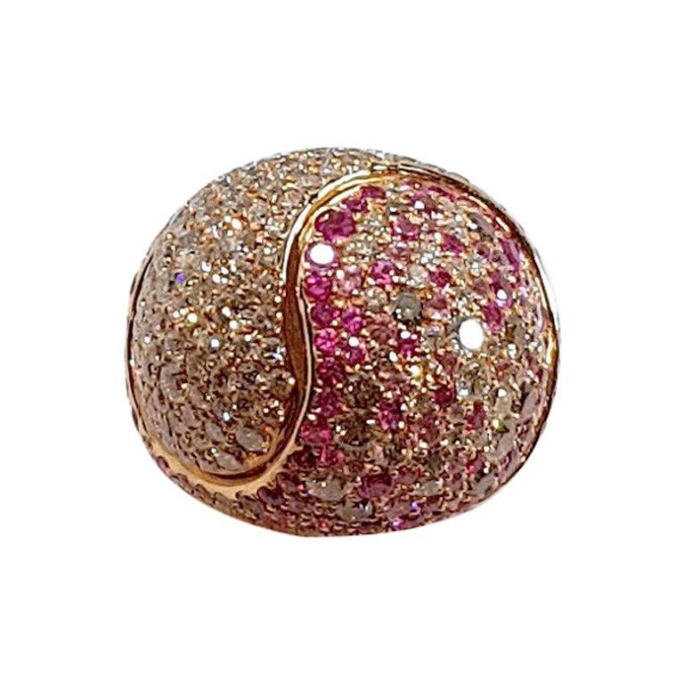 For Sale:  18 Karat Rose Gold Ring with White and Brown Diamonds and Sapphires