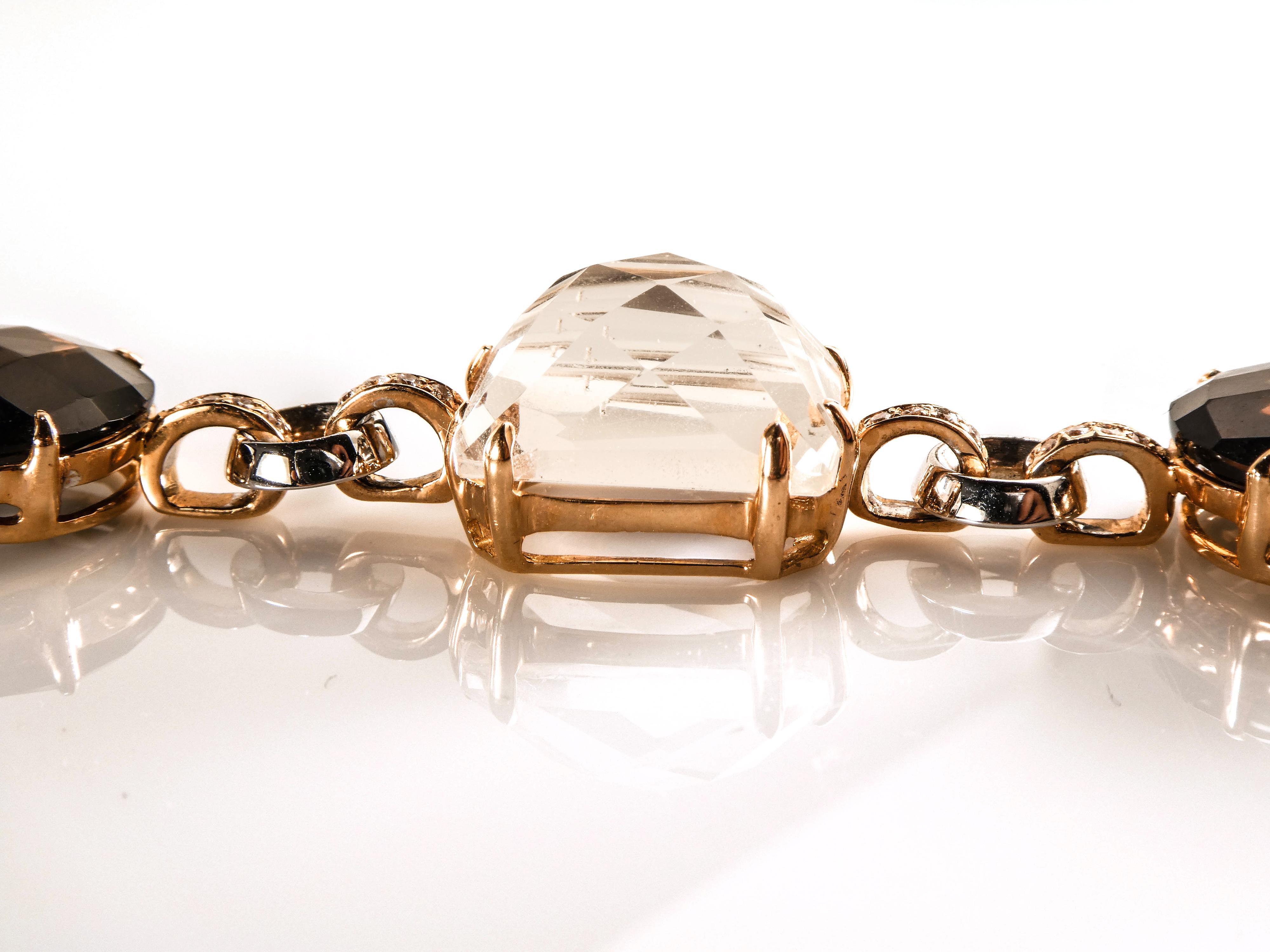Contemporary 18 Karat Rose Gold, Rock Crystal, Smoky Quartz and Diamonds Bracelet For Sale