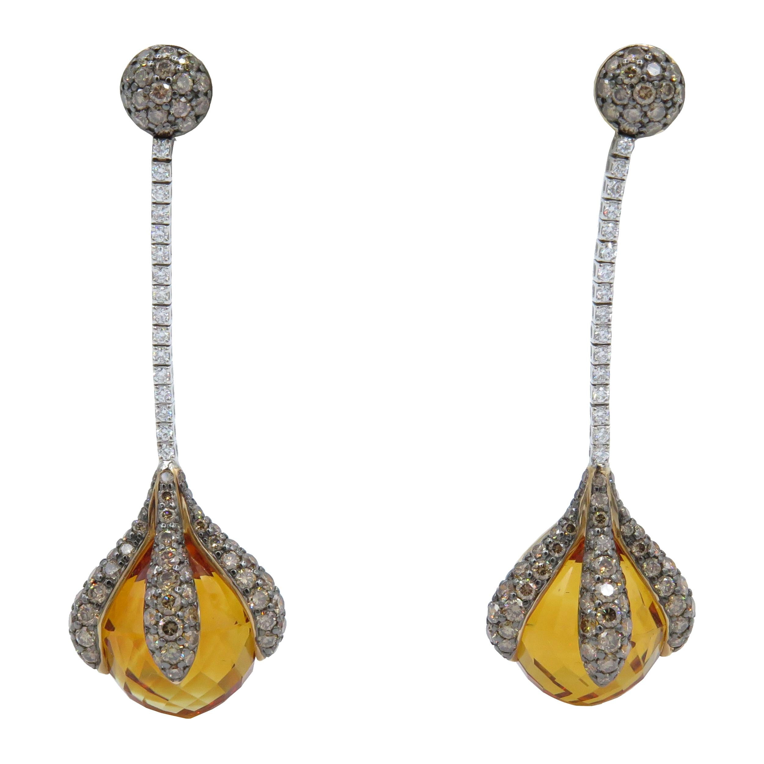 18 Karat Rose Gold Rodney Rayner Citrine and Diamond Dangle Earrings For Sale