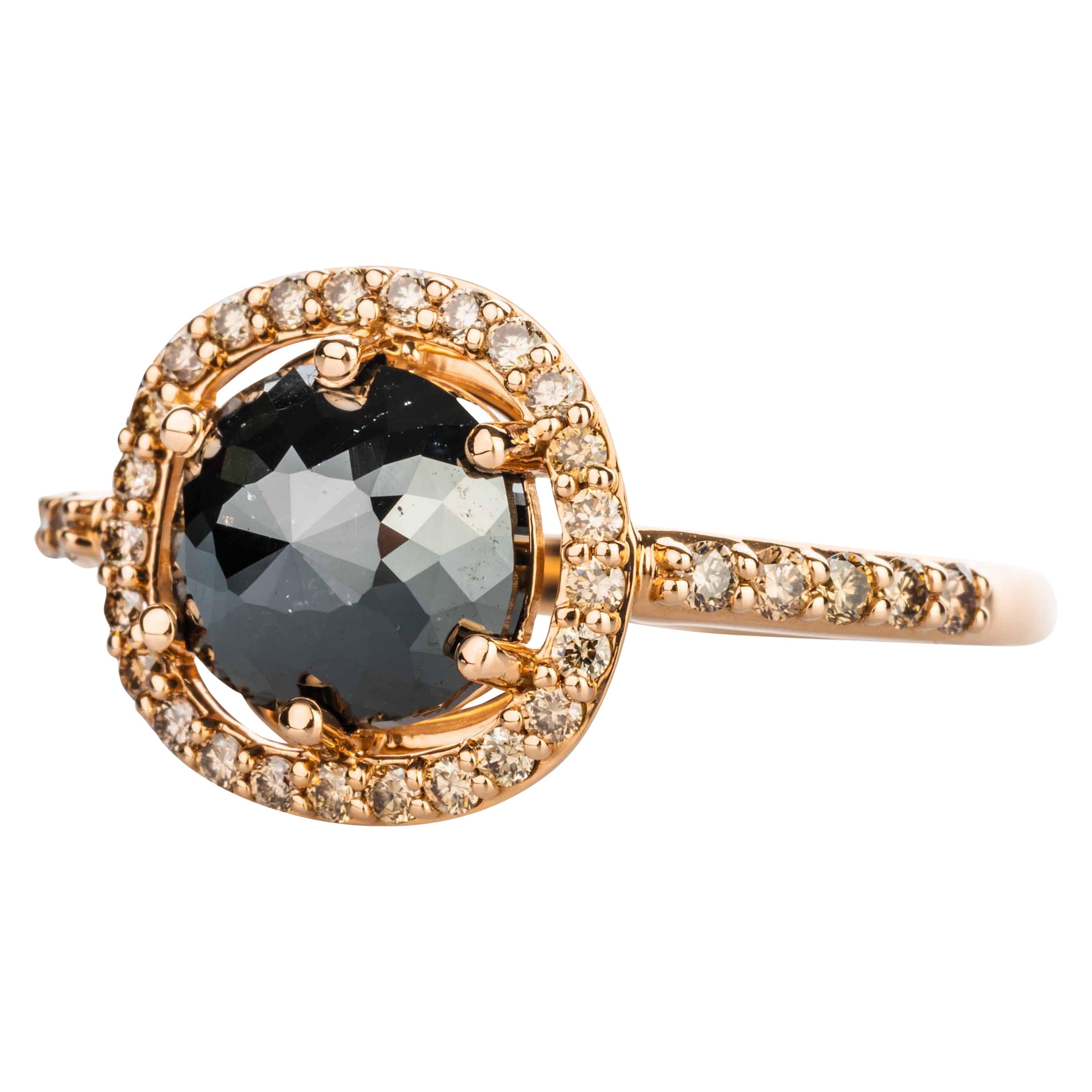 18 Karat Rose Gold Rose Cut Black Diamond Ring with Champagne Diamond Halo