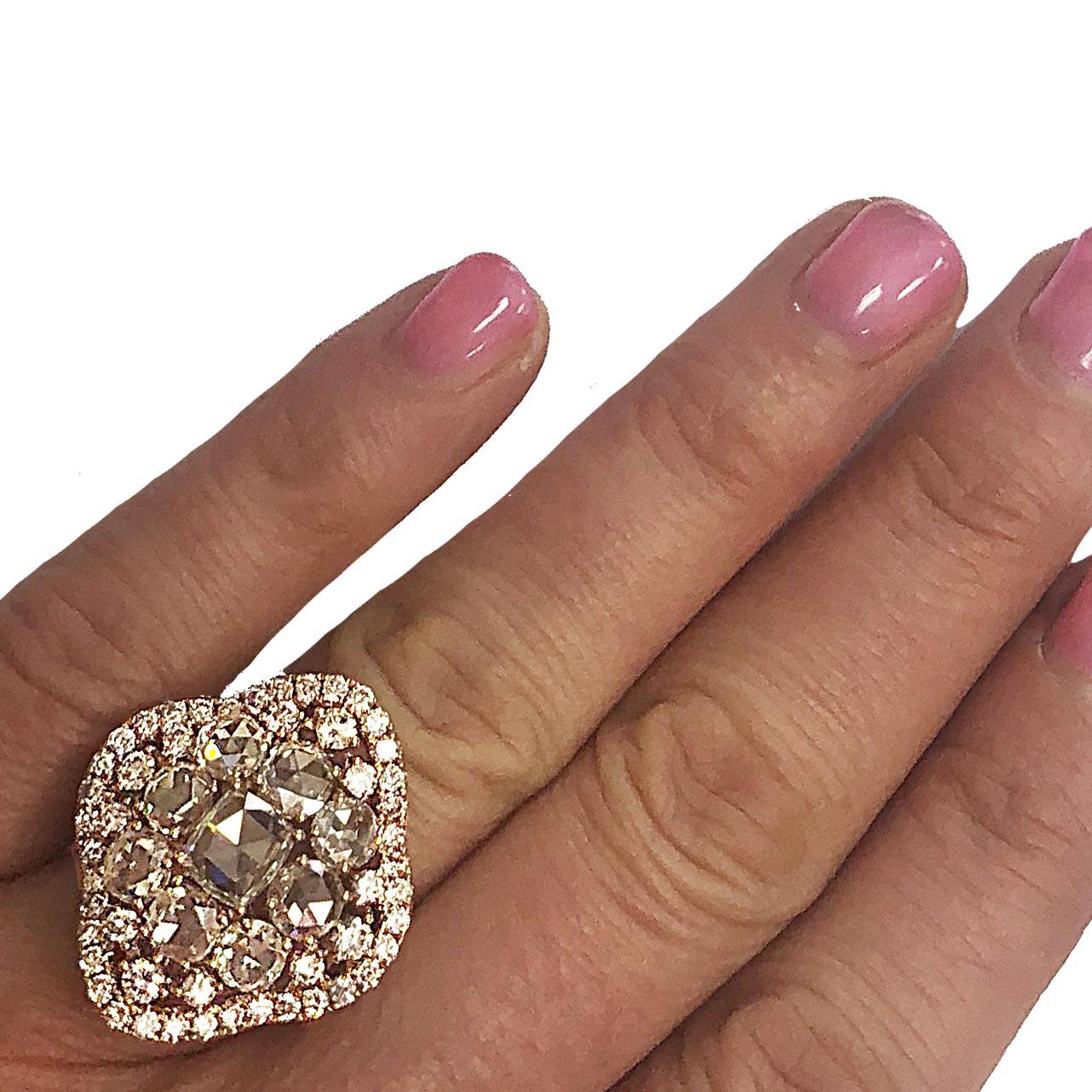 18 Karat Rose Gold Rose Cut Diamond Ring, over 5 Carat Total In New Condition In Beverly Hills, CA