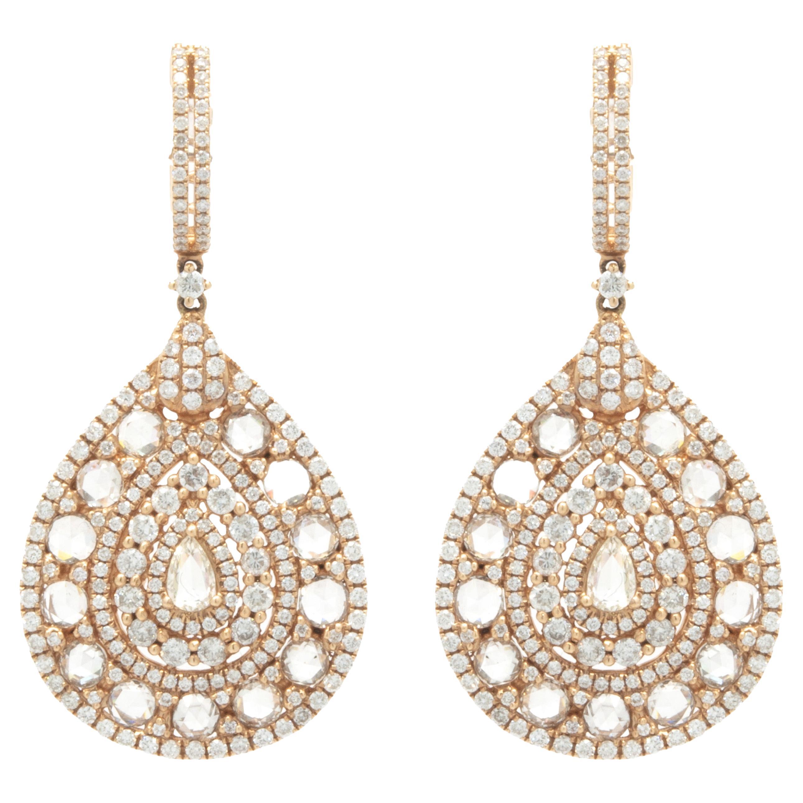 Pear Shape Diamond Paperclip Drop Earrings 1.95 Carats 18 Karat Rose