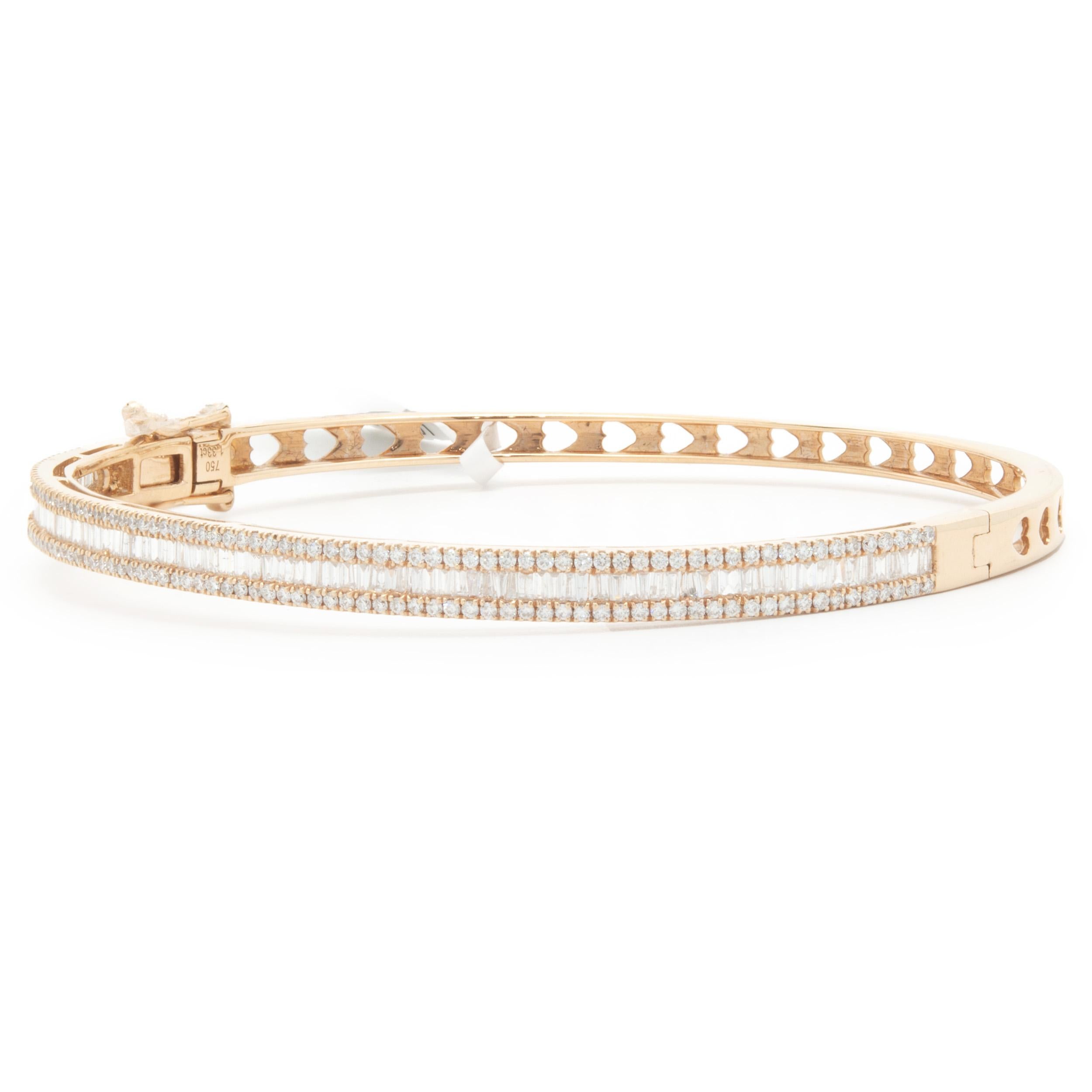 Designer: custom design
Material: 18K rose gold
Diamonds: 258 round brilliant & baguette cut = 1.33cttw
Color: H
Clarity: SI1
Dimensions: bracelet will fit up to a 7-inch wrist
Weight: 11.04 grams