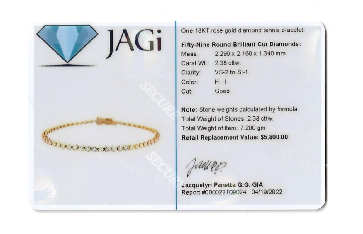 18 Karat Rose Gold Round Brilliant Diamond Tennis Bracelet 2.38 Carats Total  For Sale 8