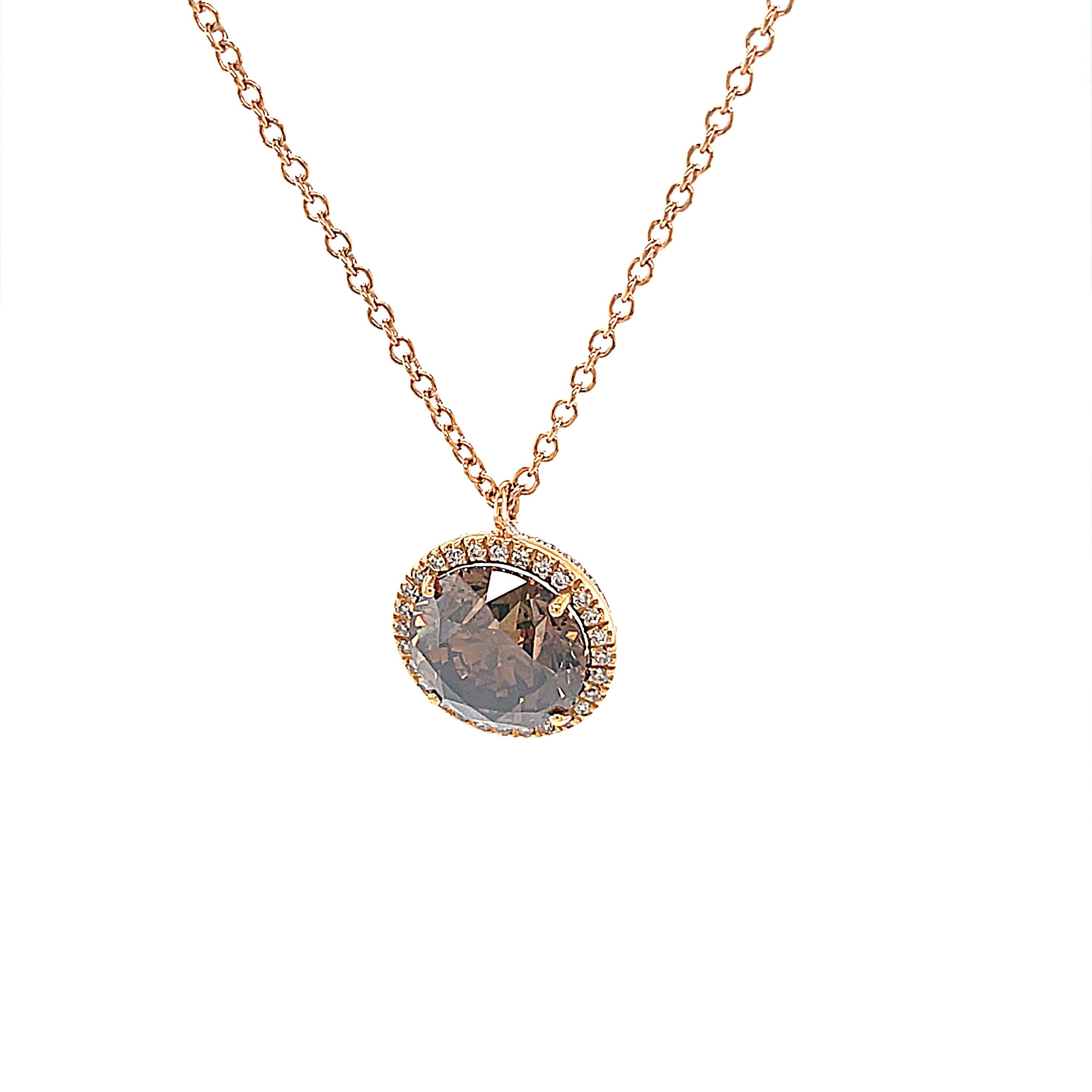 18 Karat Rose Gold Round Brown Diamond Pendant For Sale 2