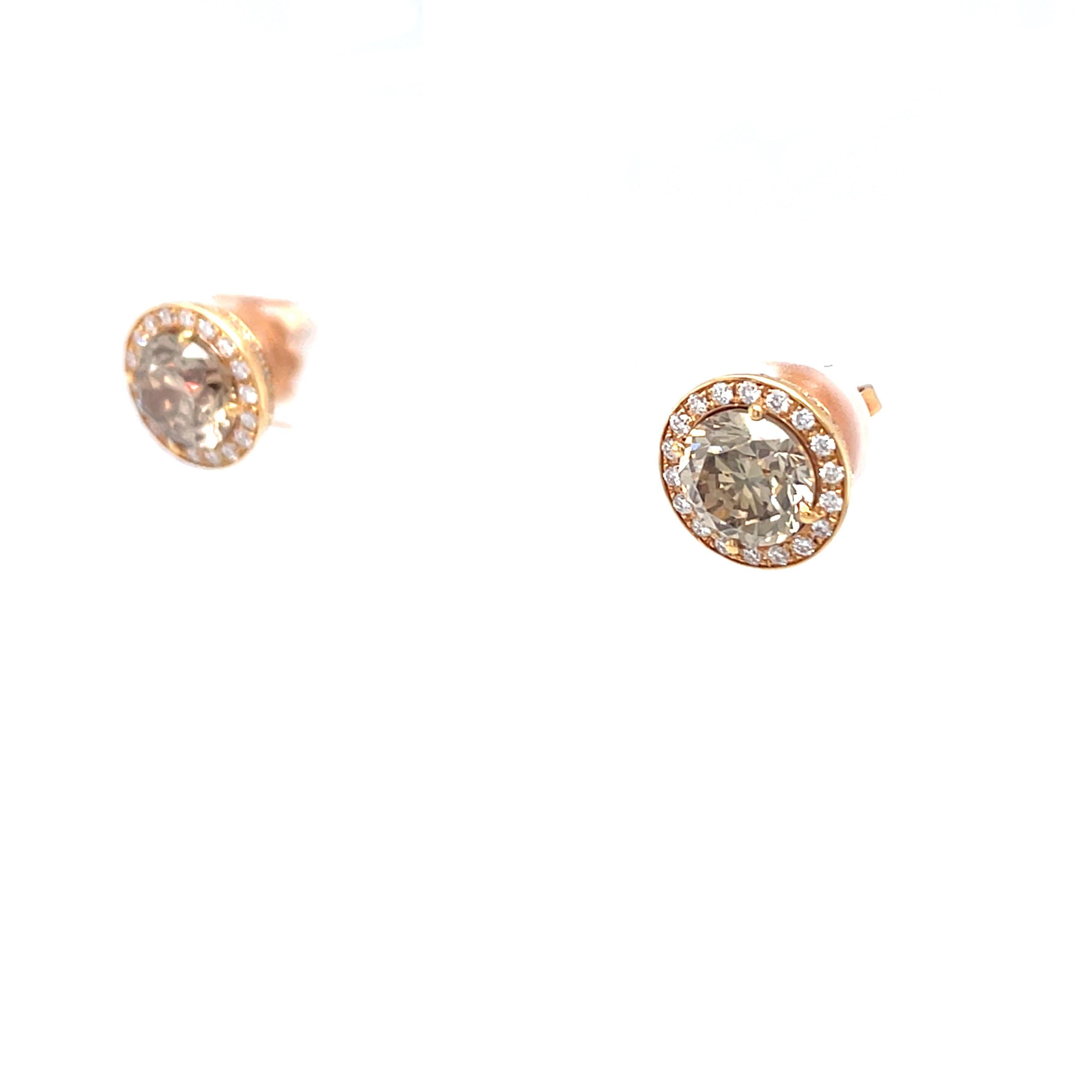 Women's 18 Karat Rose Gold Round Brown Stud Earrings For Sale