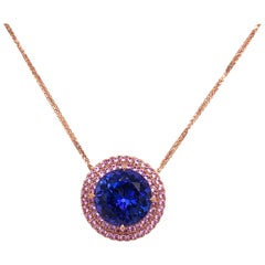 18 Karat Rose Gold Round Cut Tanzanite and Pink Sapphires Halo Pendant