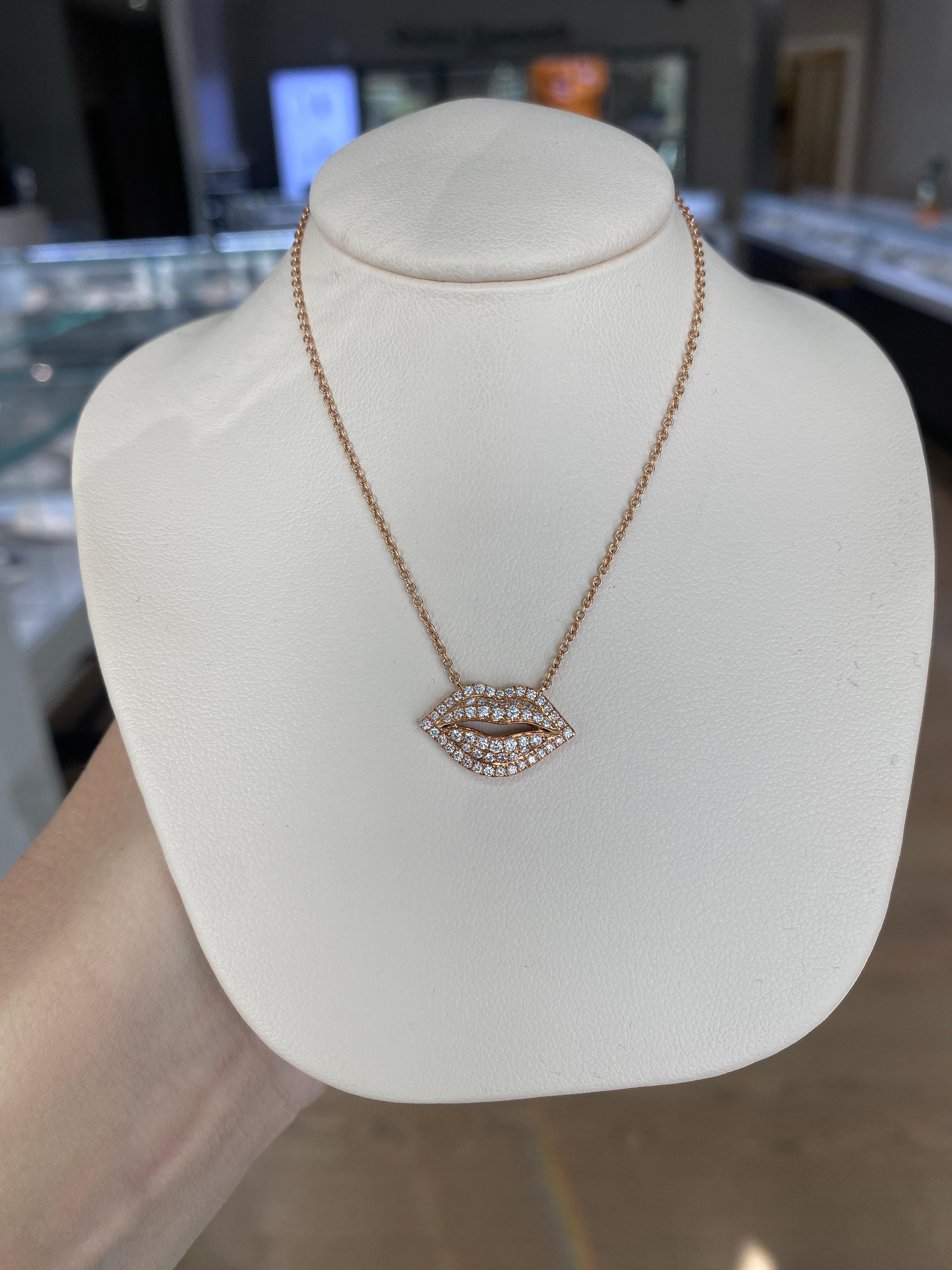 18 Karat Rose Gold Round Diamond Lips Necklace  In New Condition For Sale In Houston, TX