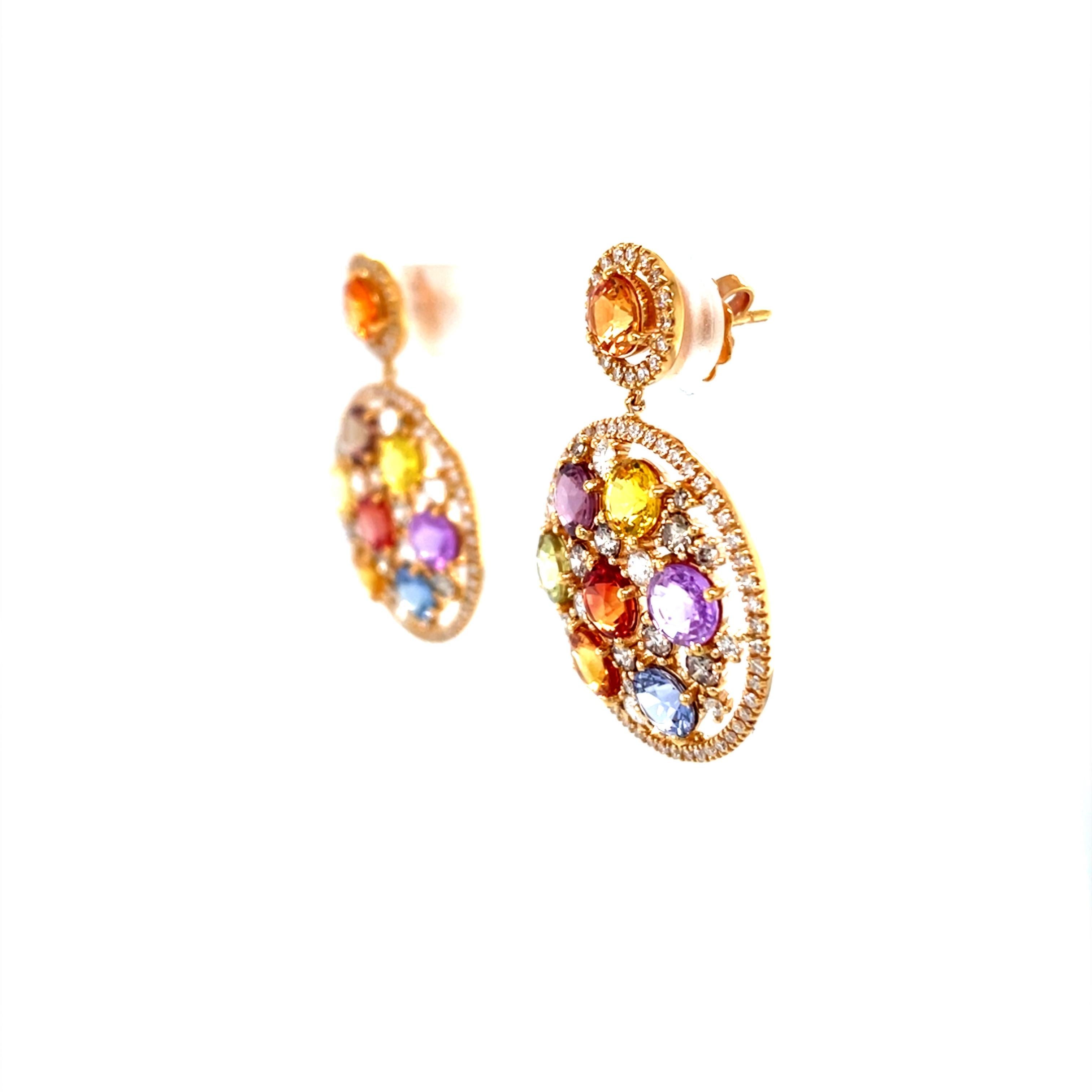 Women's 18 Karat Rose Gold Round Diamond Multi-Coloured Sapphire Drop Earrings For Sale