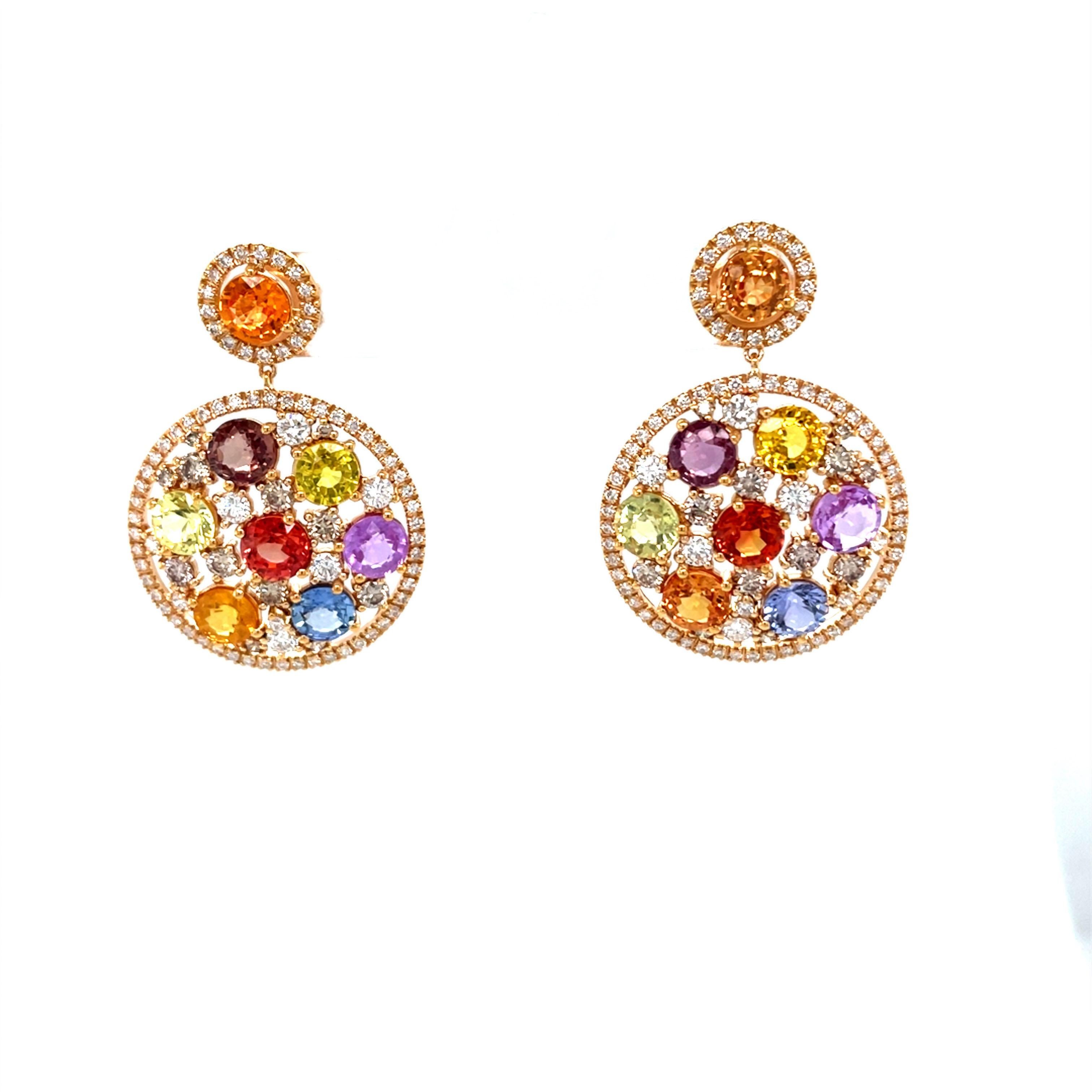 18 Karat Rose Gold Round Diamond Multi-Coloured Sapphire Drop Earrings For Sale 2