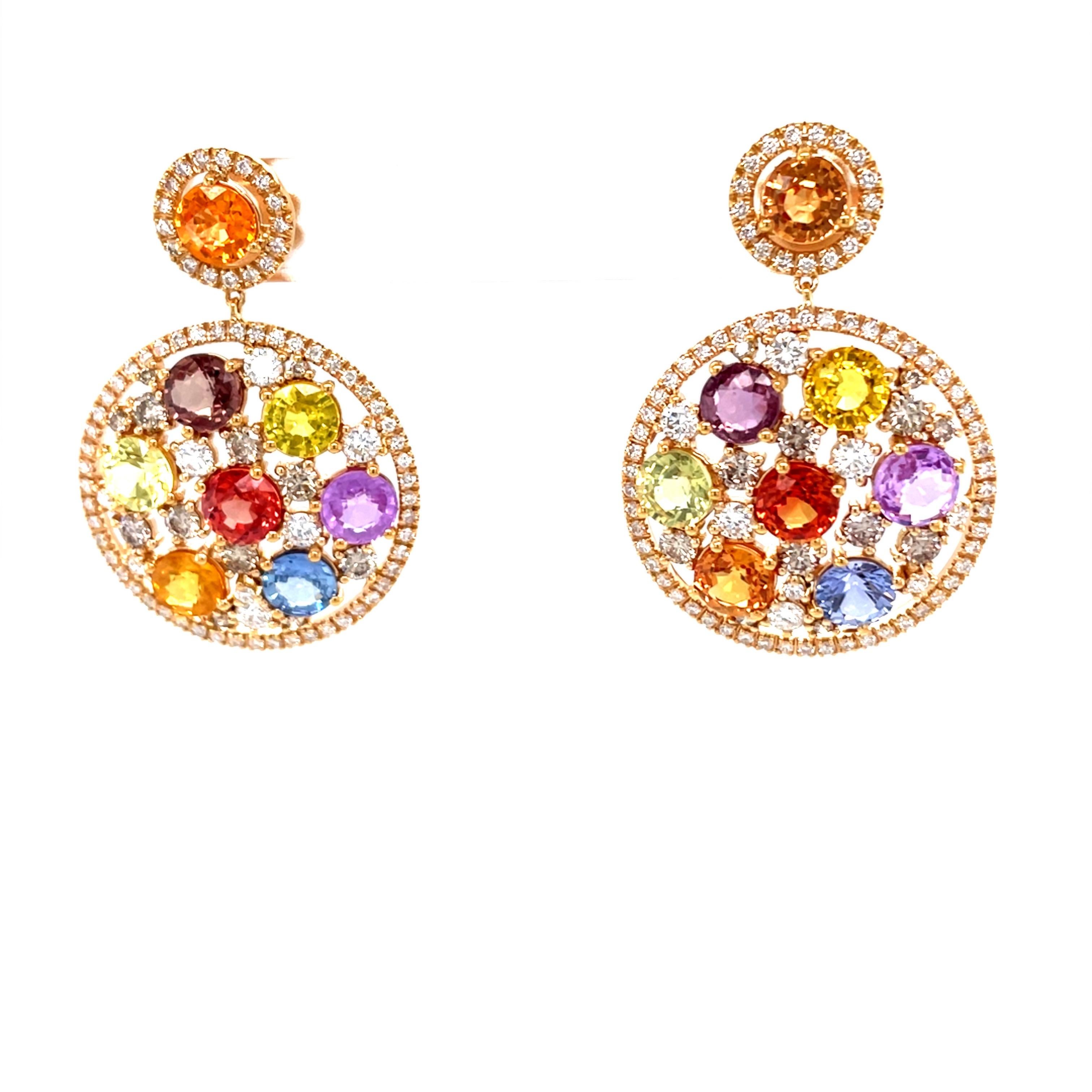 18 Karat Rose Gold Round Diamond Multi-Coloured Sapphire Drop Earrings For Sale 3