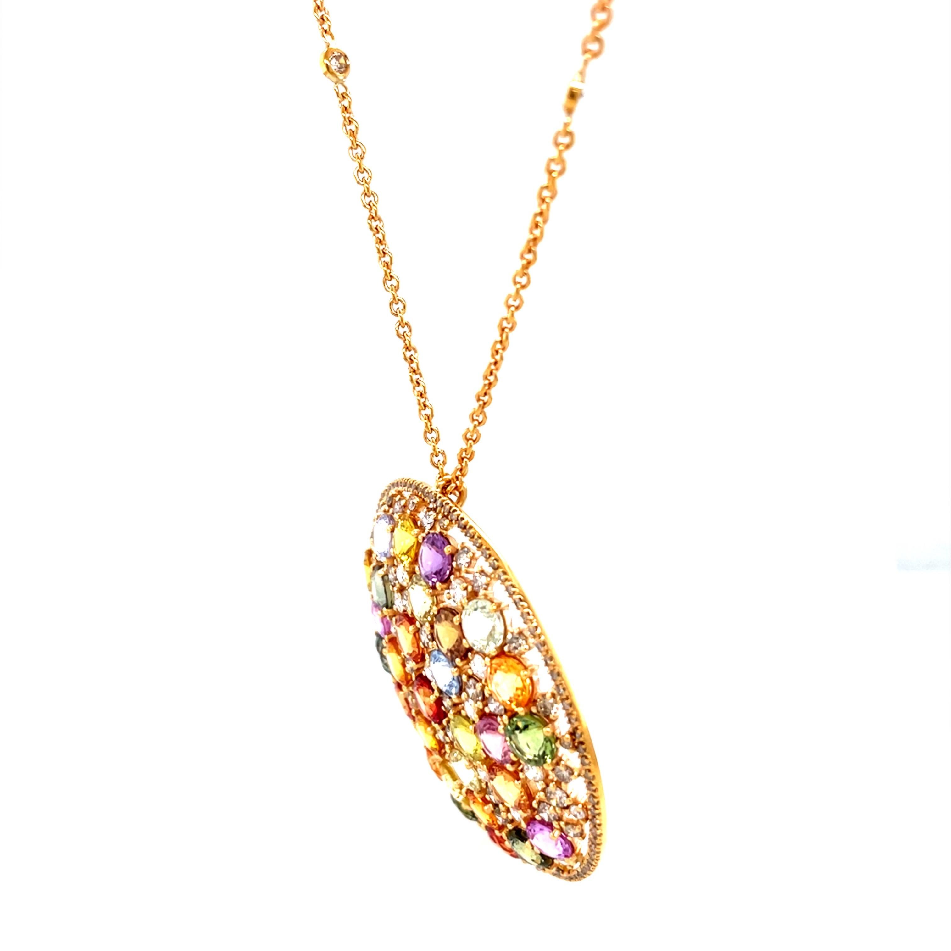 18 Karat Rose Gold Round Multi-coloured Sapphires Diamond Pendant For Sale 1