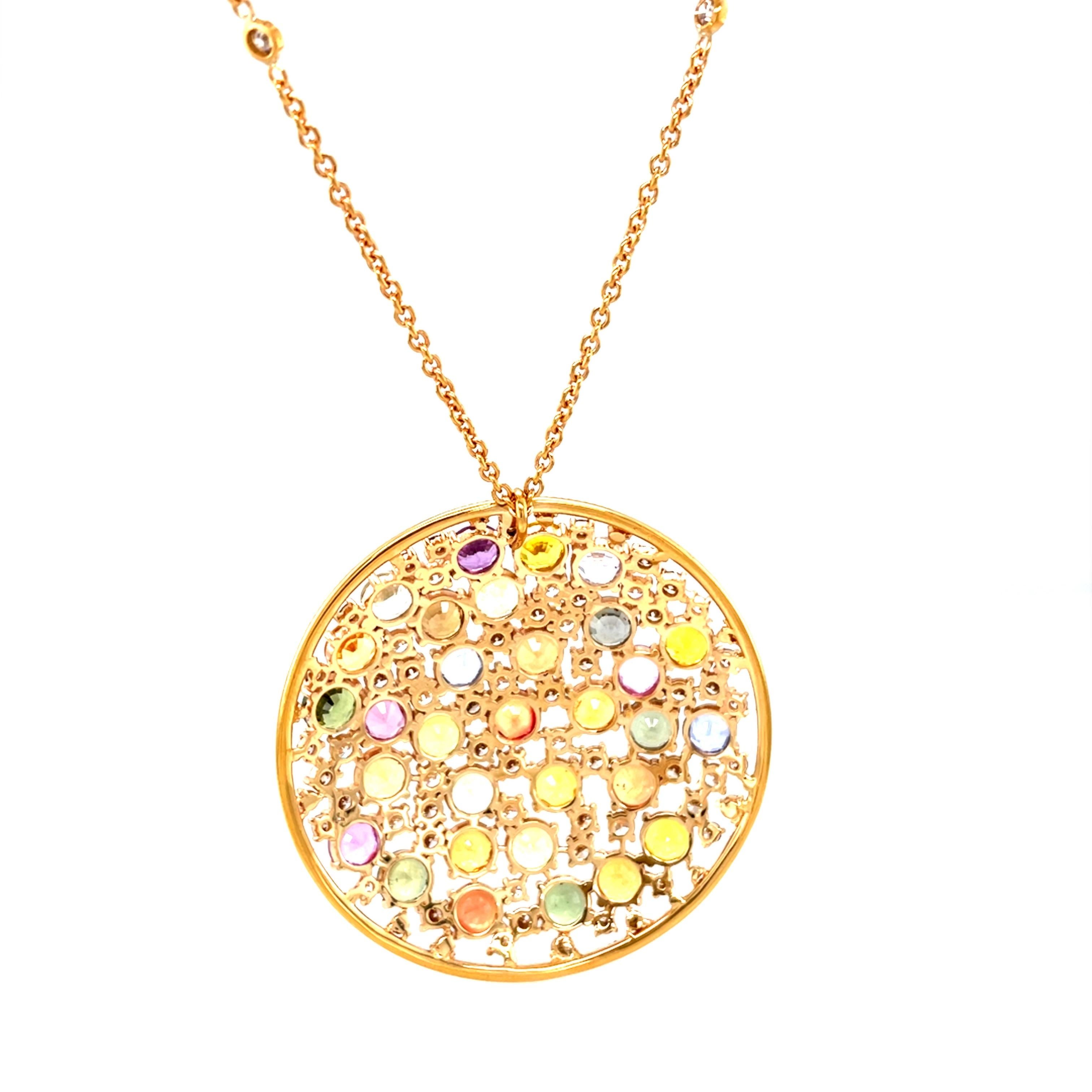 18 Karat Rose Gold Round Multi-coloured Sapphires Diamond Pendant For Sale 2