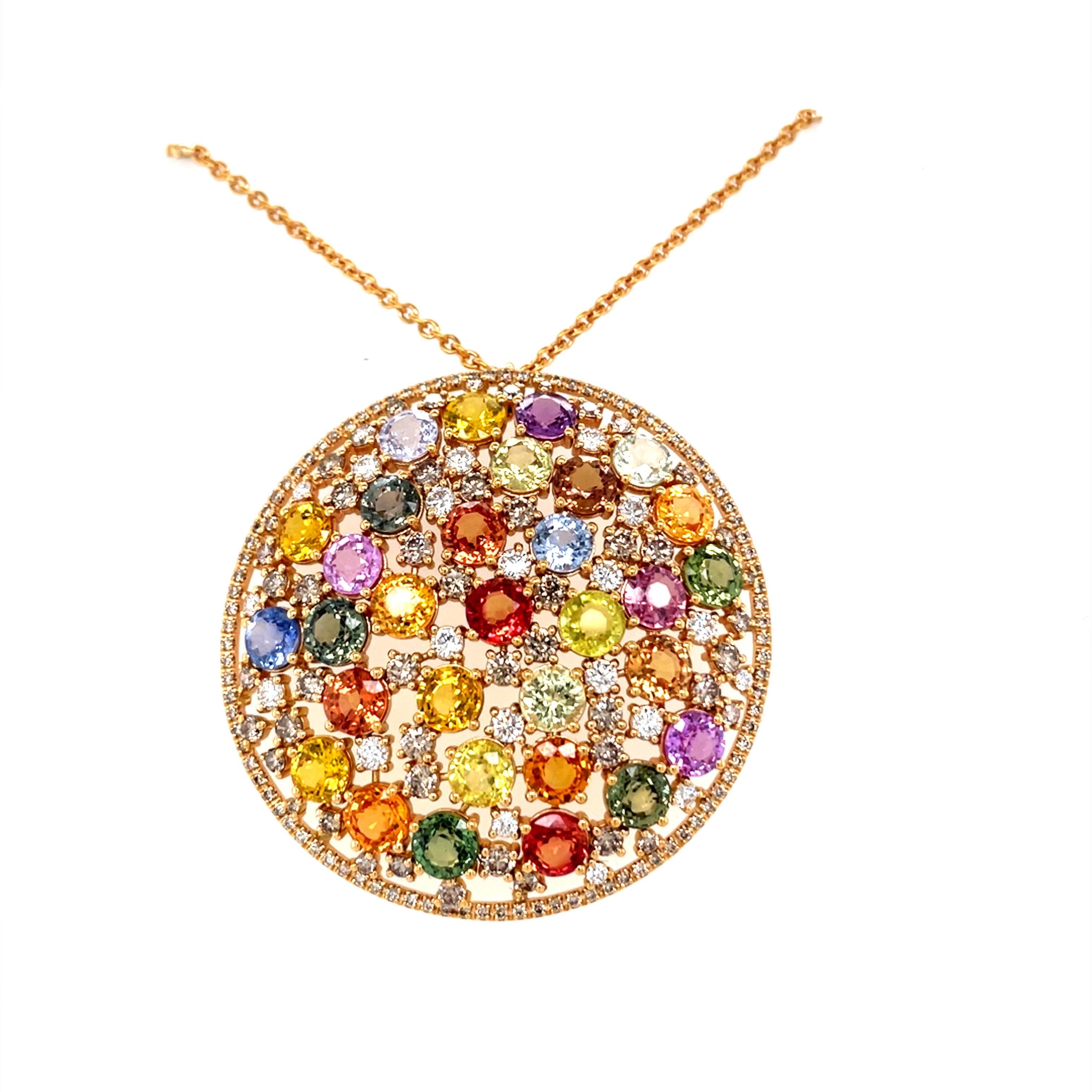 18 Karat Rose Gold Round Multi-coloured Sapphires Diamond Pendant For Sale 3