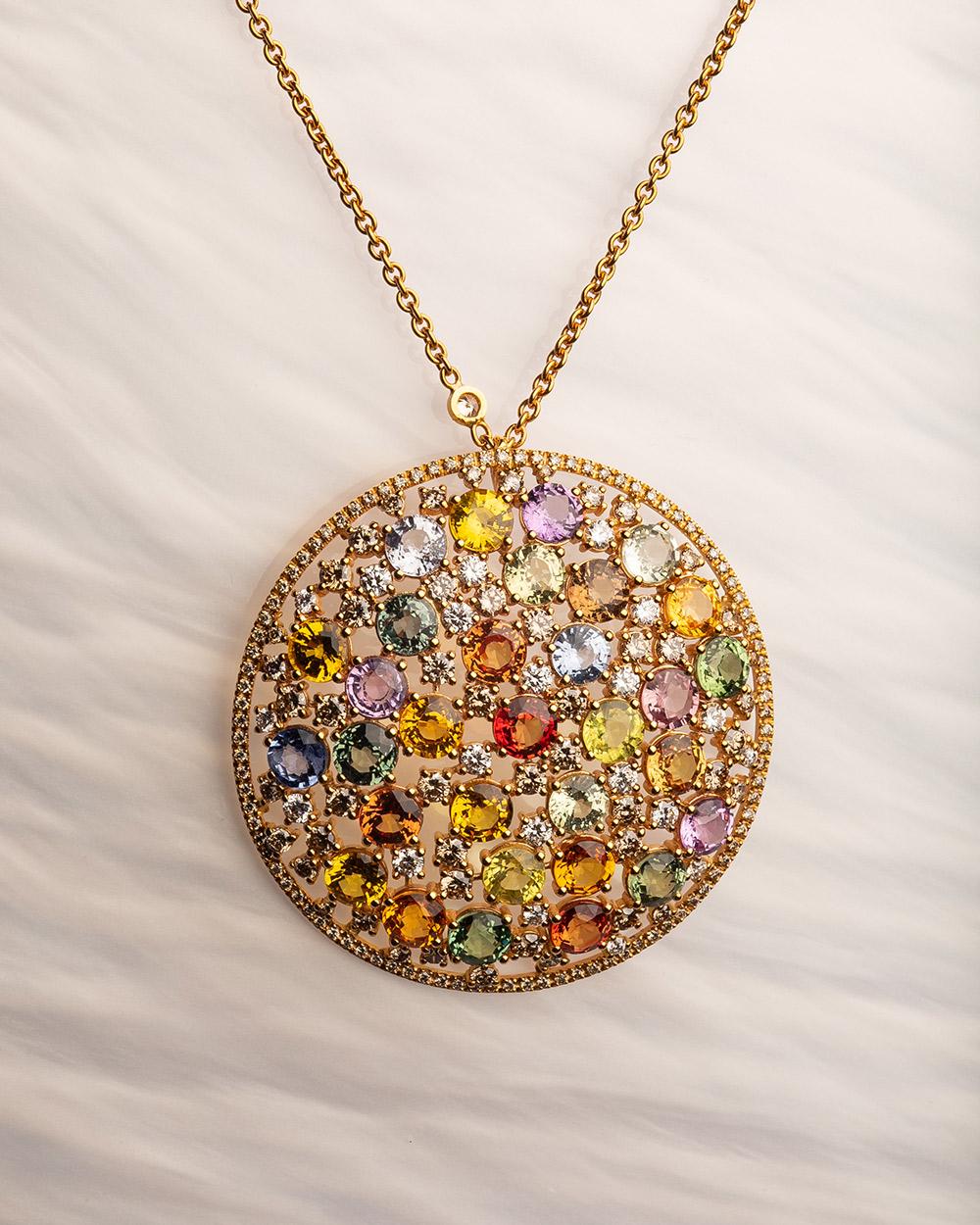Round Cut 18 Karat Rose Gold Round Multi-coloured Sapphires Diamond Pendant For Sale