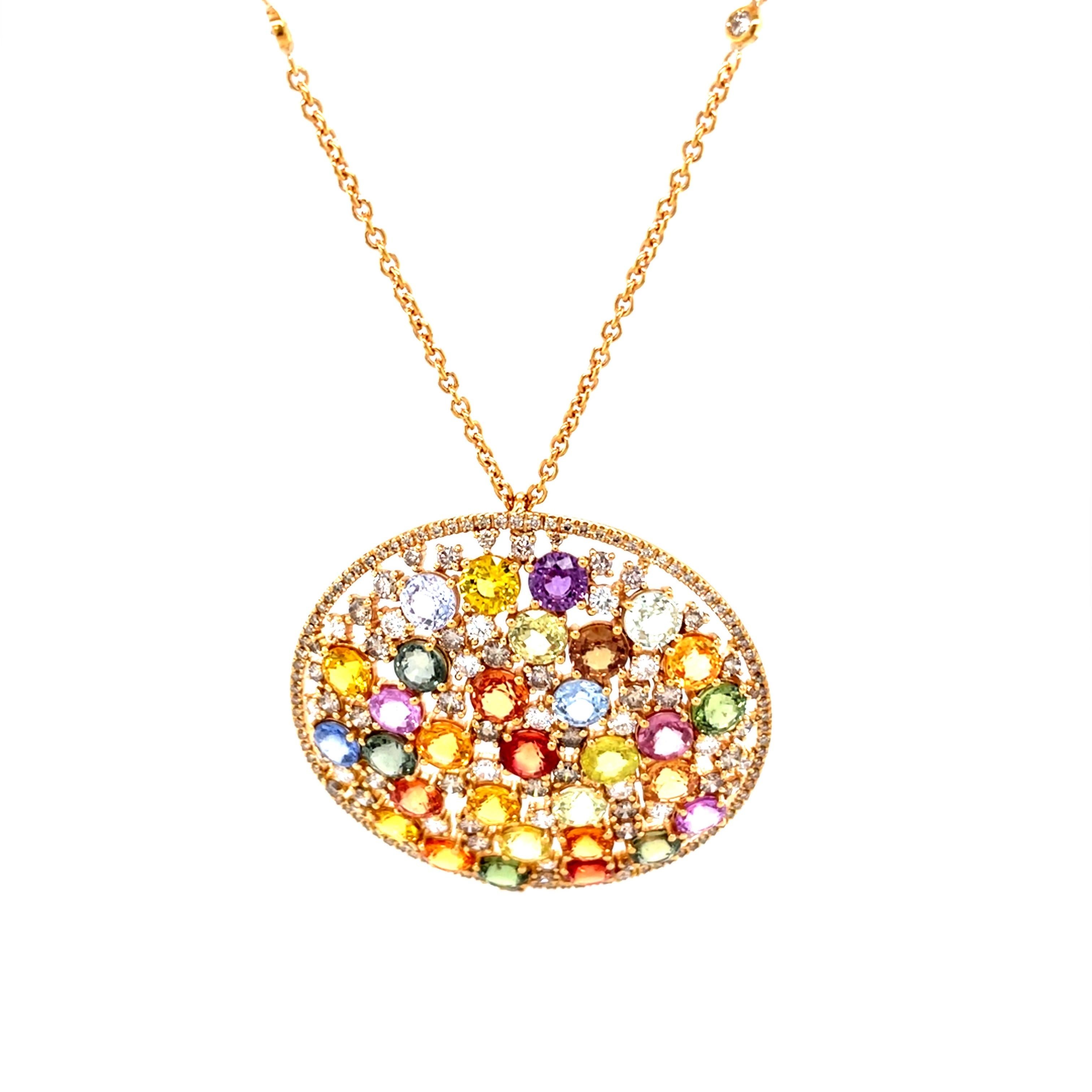 18 Karat Rose Gold Round Multi-coloured Sapphires Diamond Pendant For Sale 4