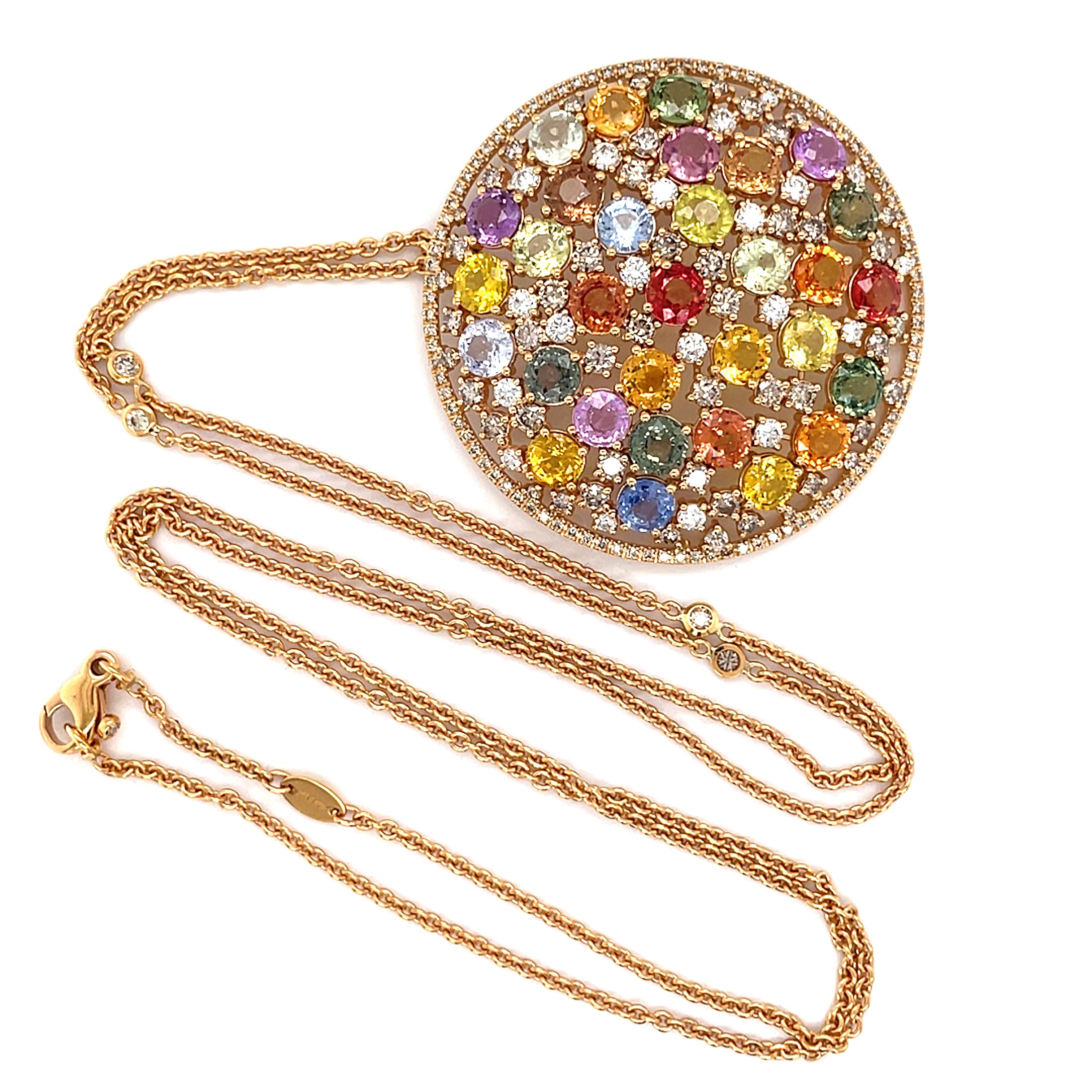 18 Karat Rose Gold Round Multi-coloured Sapphires Diamond Pendant For Sale 5