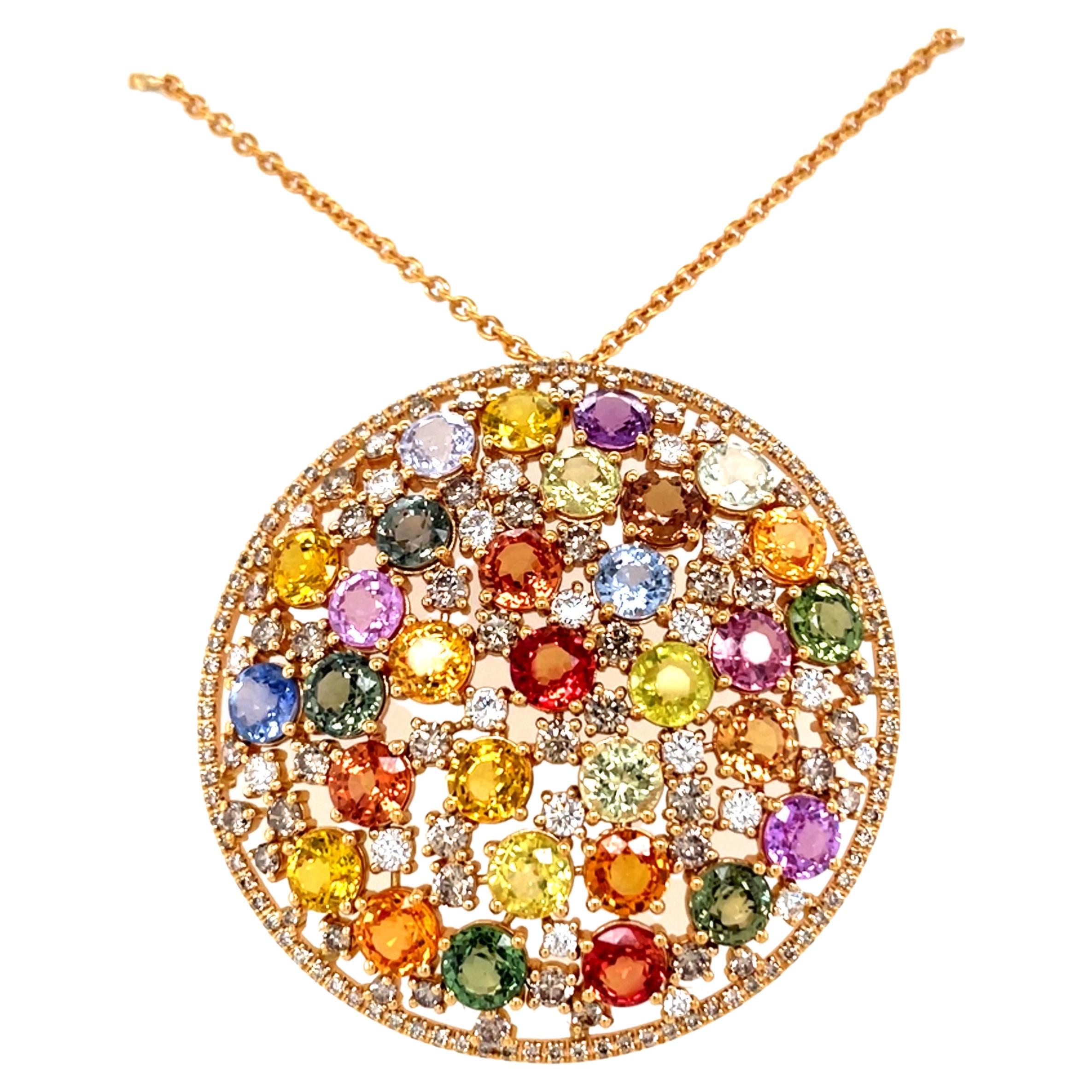 18 Karat Rose Gold Round Multi-coloured Sapphires Diamond Pendant For Sale