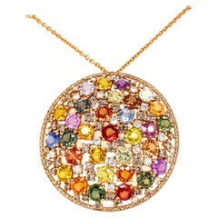 Pendentif en or rose 18 carats avec saphirs ronds multicolores et diamants