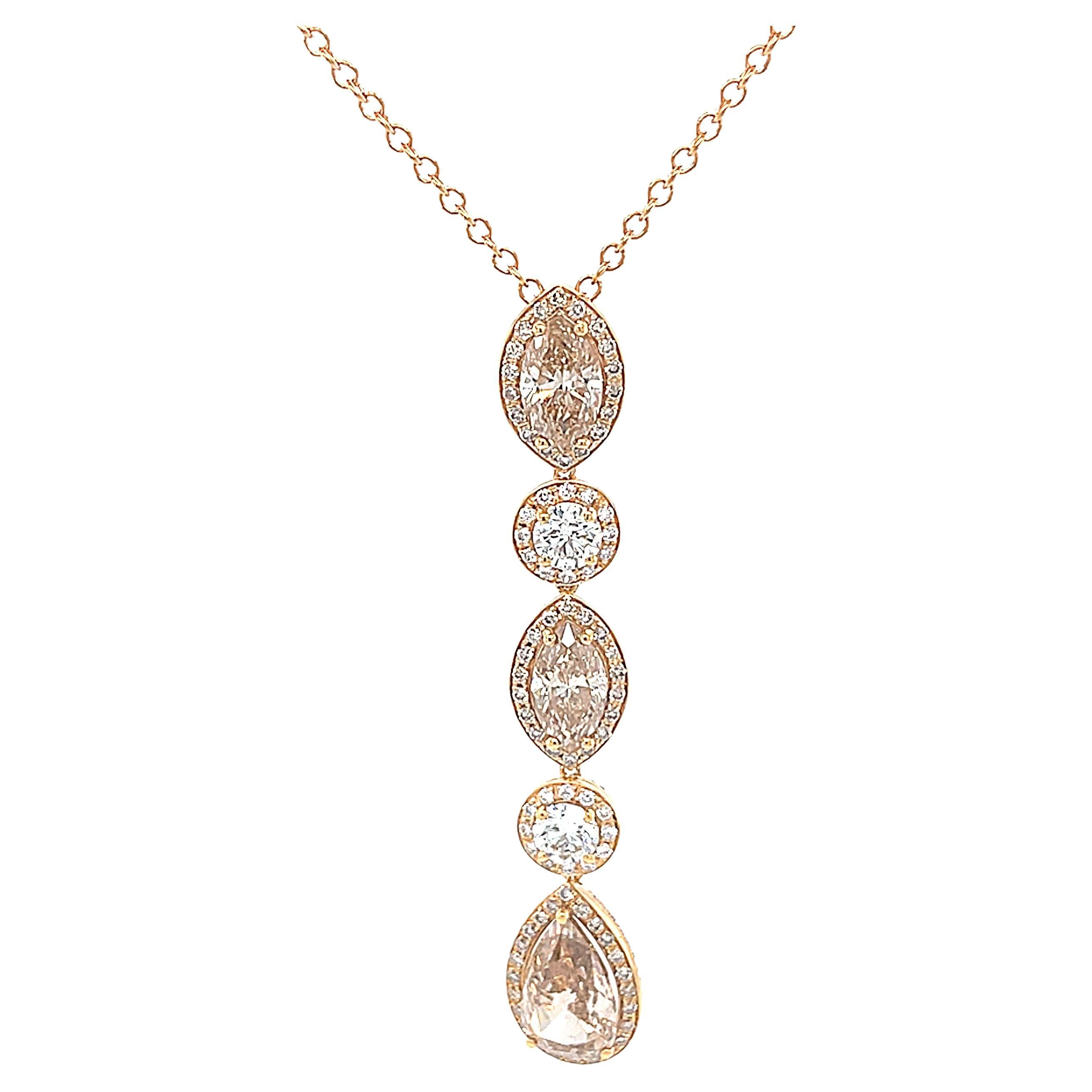 Women's 18 Karat Rose Gold Round Pear Marquise Diamond Pendant For Sale