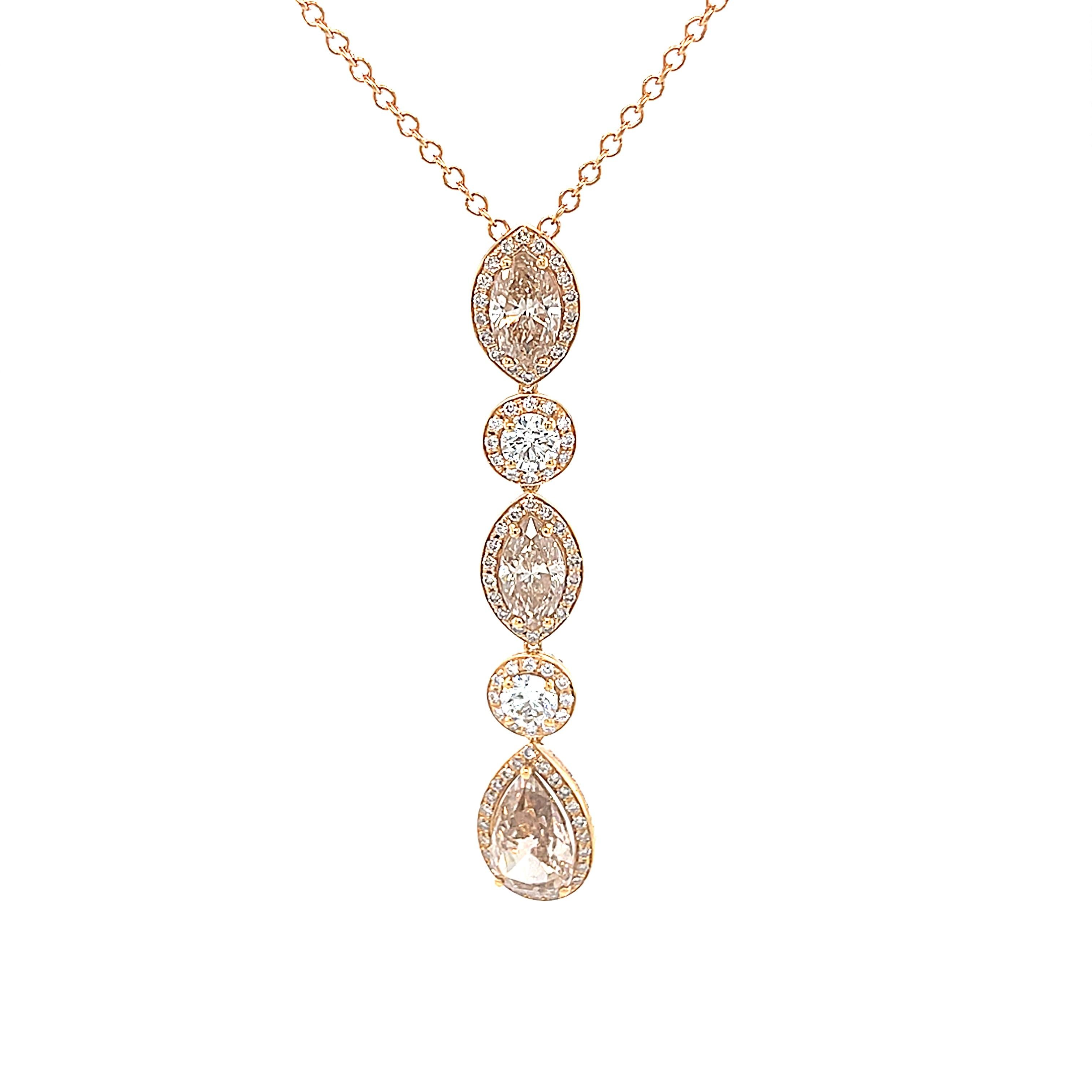 18 Karat Rose Gold Round Pear Marquise Diamond Pendant For Sale 2