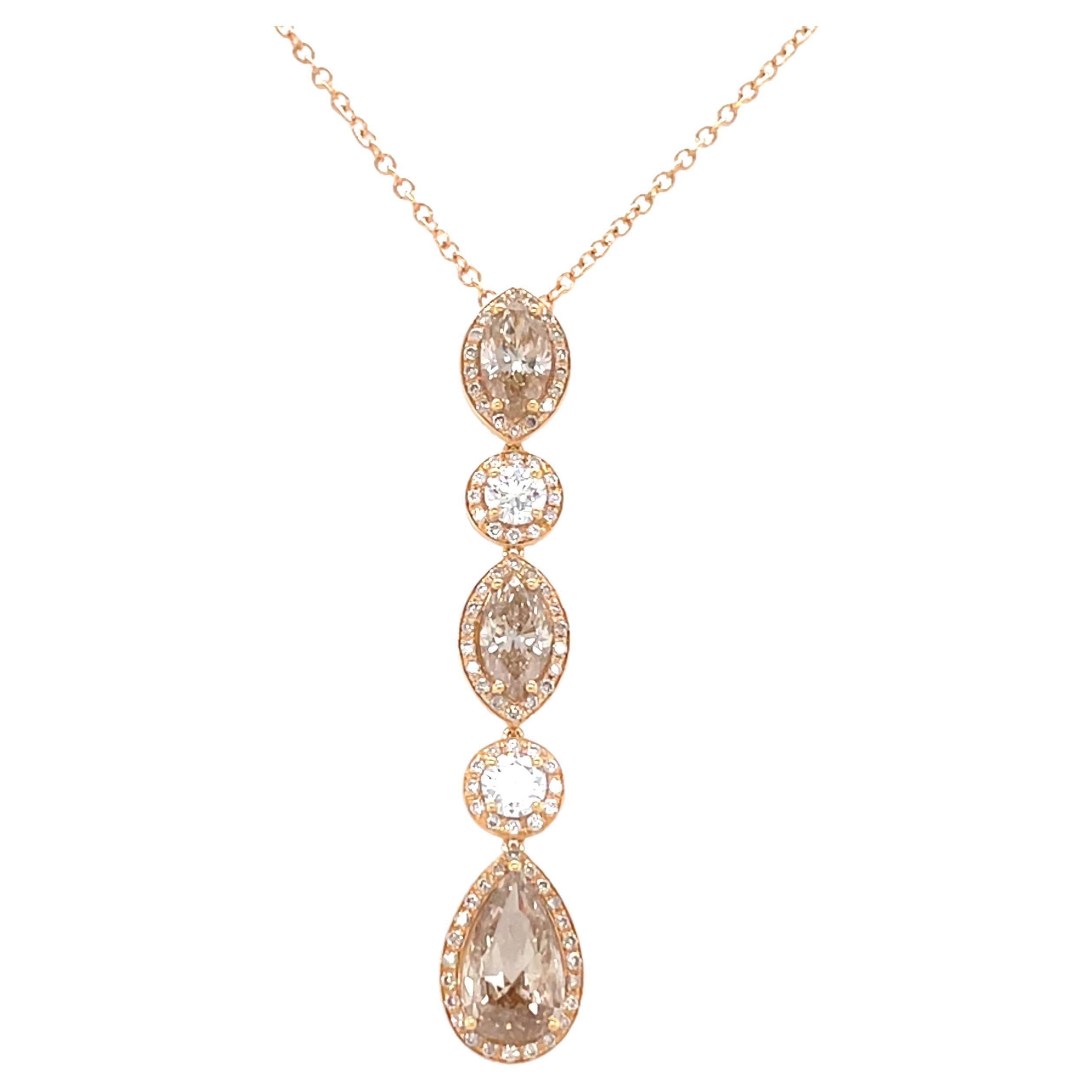 Pendentif en or rose 18 carats avec diamants ronds taille poire et marquise