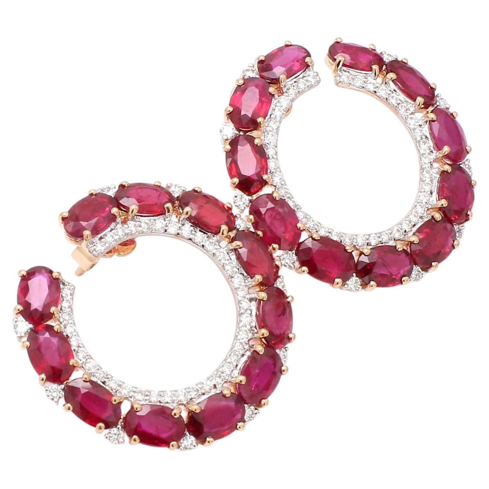 18 Karat Rose Gold 12.72 Carat Ruby and Diamond Contemporary Hoop Earrings