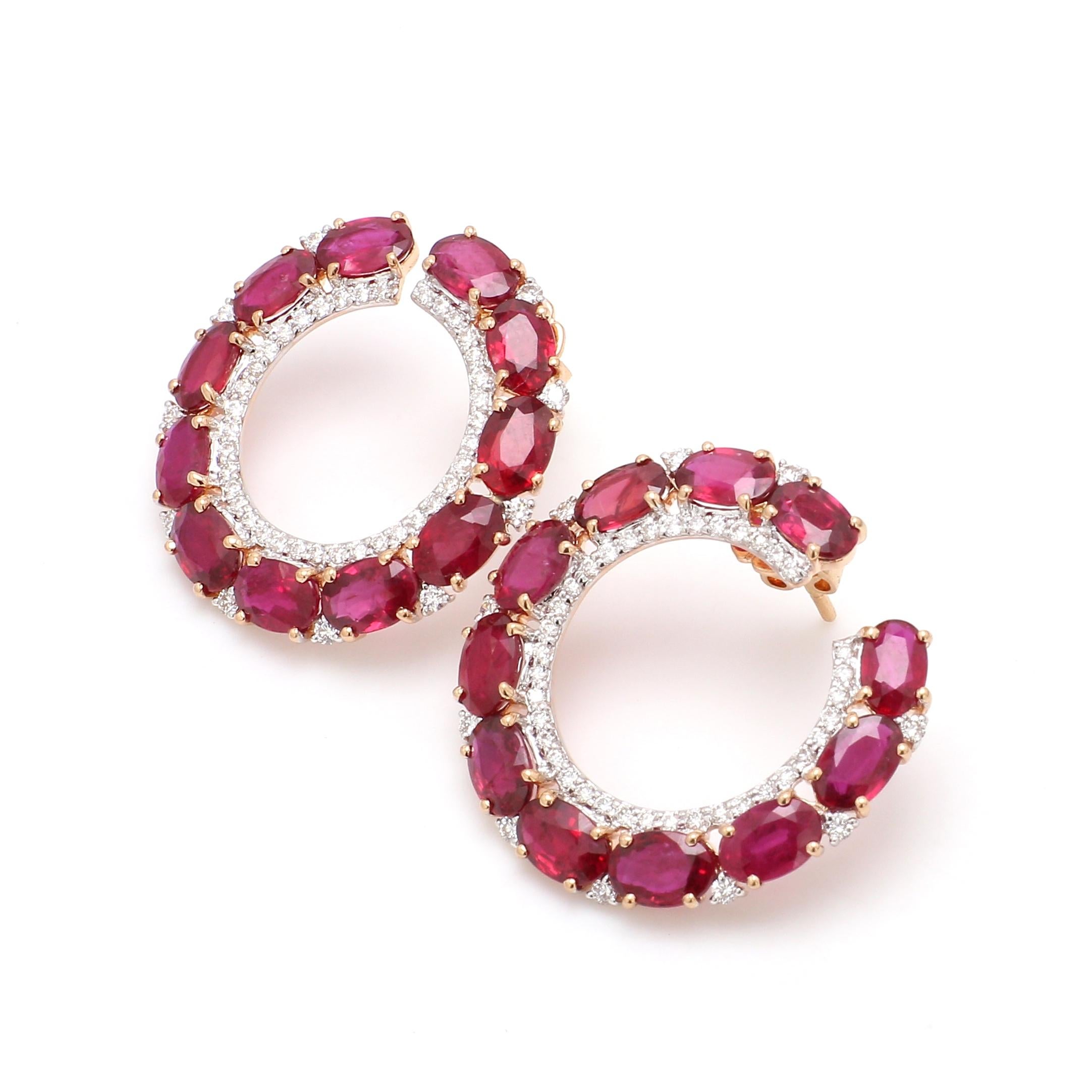 Oval Cut 18 Karat Rose Gold 12.72 Carat Ruby and Diamond Contemporary Hoop Earrings For Sale