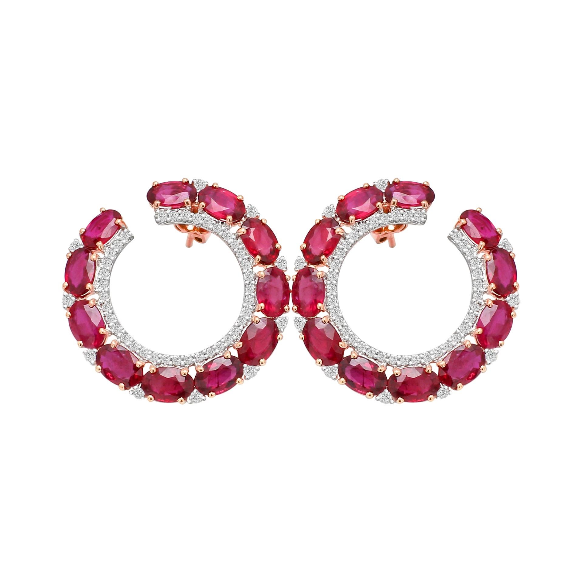 18 Karat Rose Gold 12.72 Carat Ruby and Diamond Contemporary Hoop Earrings For Sale
