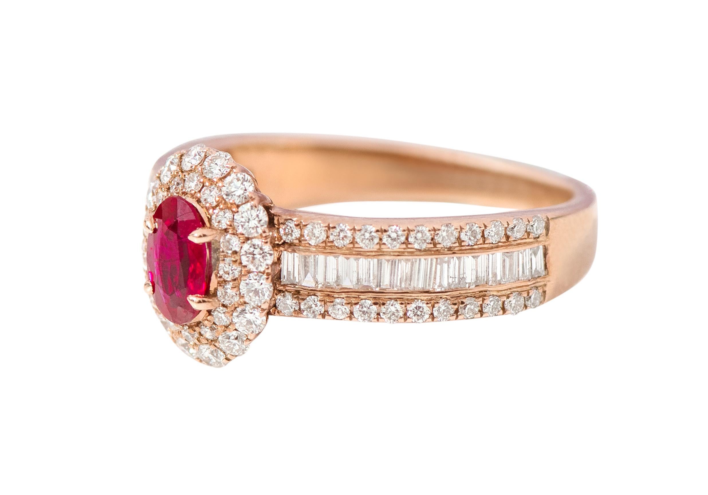 18 Karat Rose Gold Ruby and Diamond Double Cluster Band Ring

This enriching pigeon blood ruby oval and double cluster round diamond ring is mesmerizing. The vibrant oval ruby solitaire is firstly surrounded by a halo of small round diamonds and