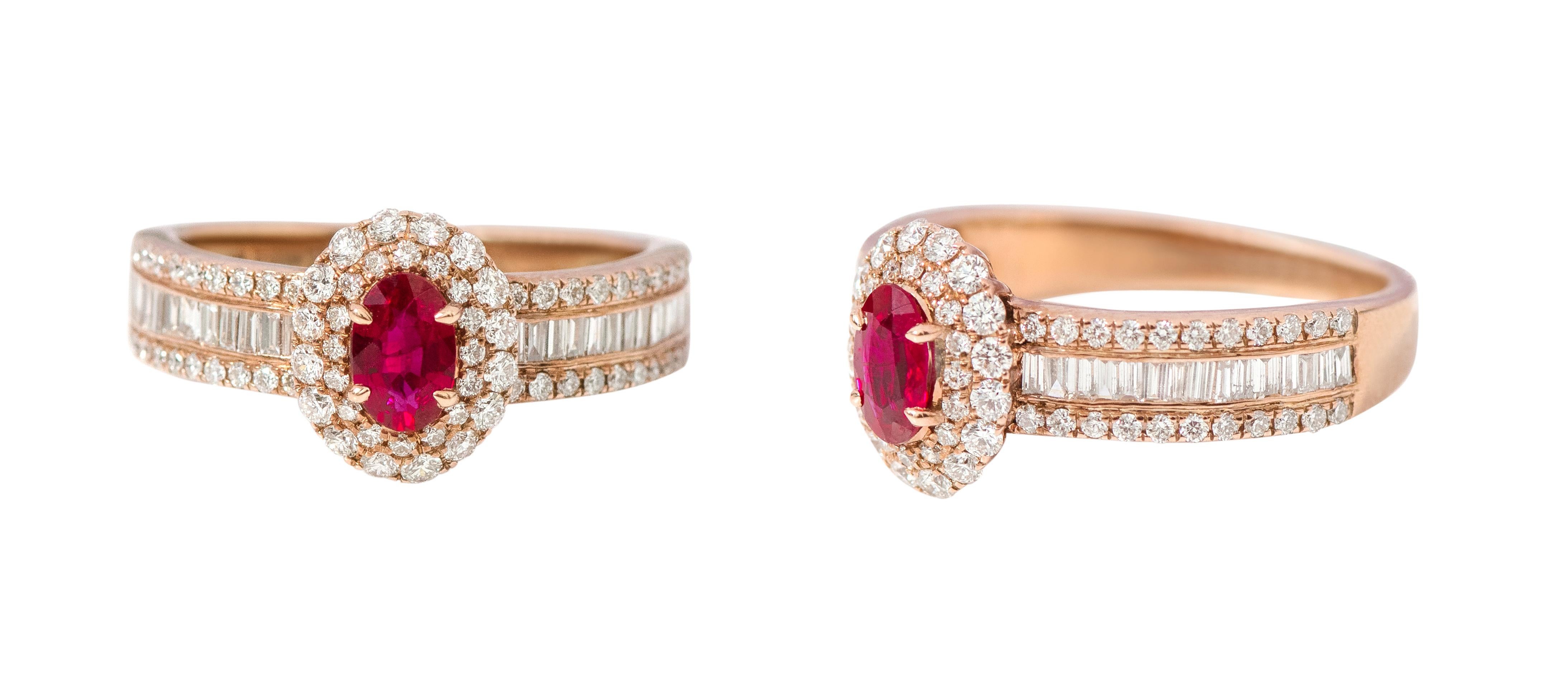 Contemporary 18 Karat Rose Gold Ruby and Diamond Double Cluster Band Ring For Sale