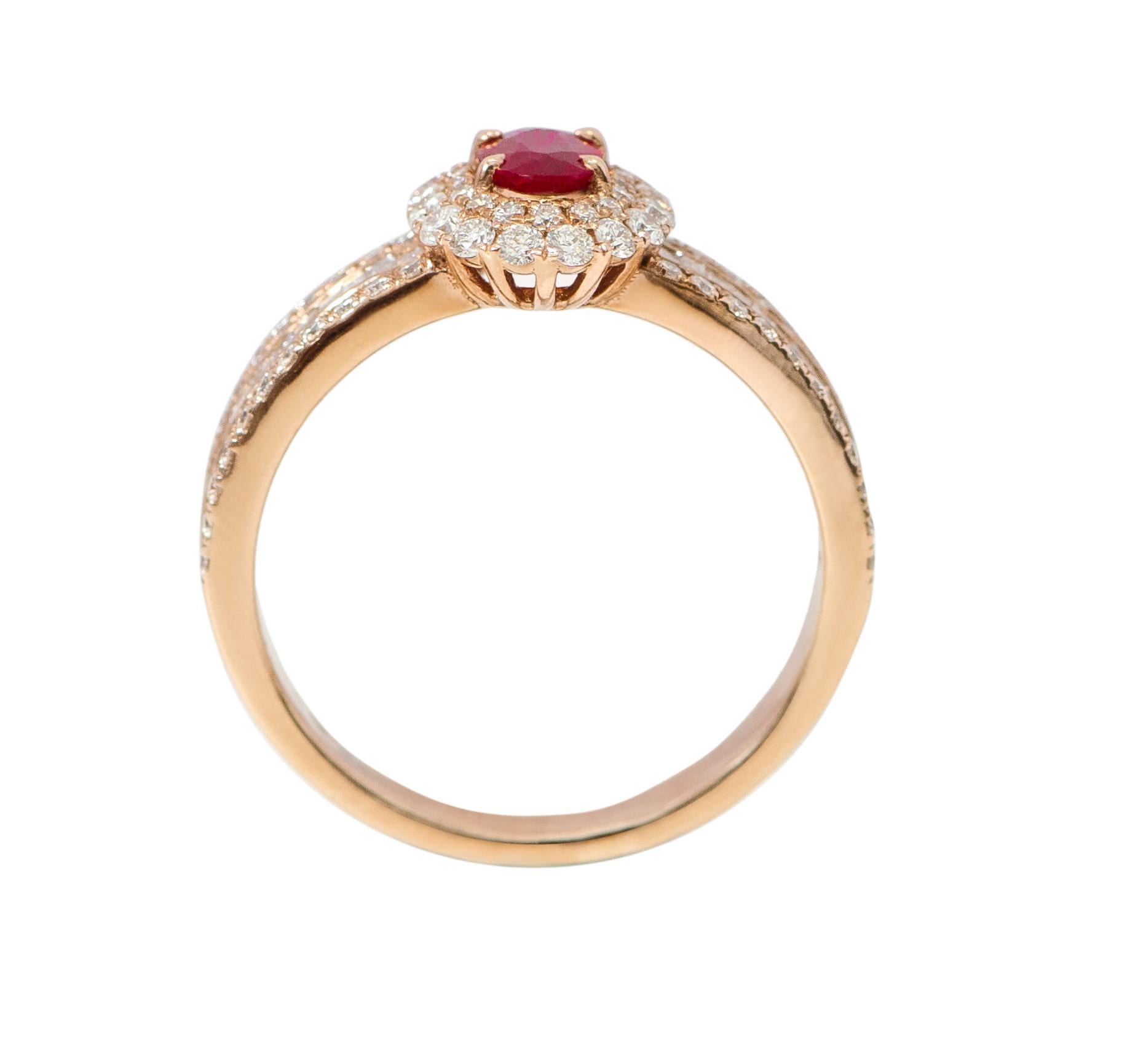 Women's 18 Karat Rose Gold Ruby and Diamond Double Cluster Band Ring For Sale