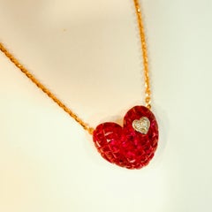 18 Carat Rose Gold Ruby and Diamond Heart Pendant Invisible Setting