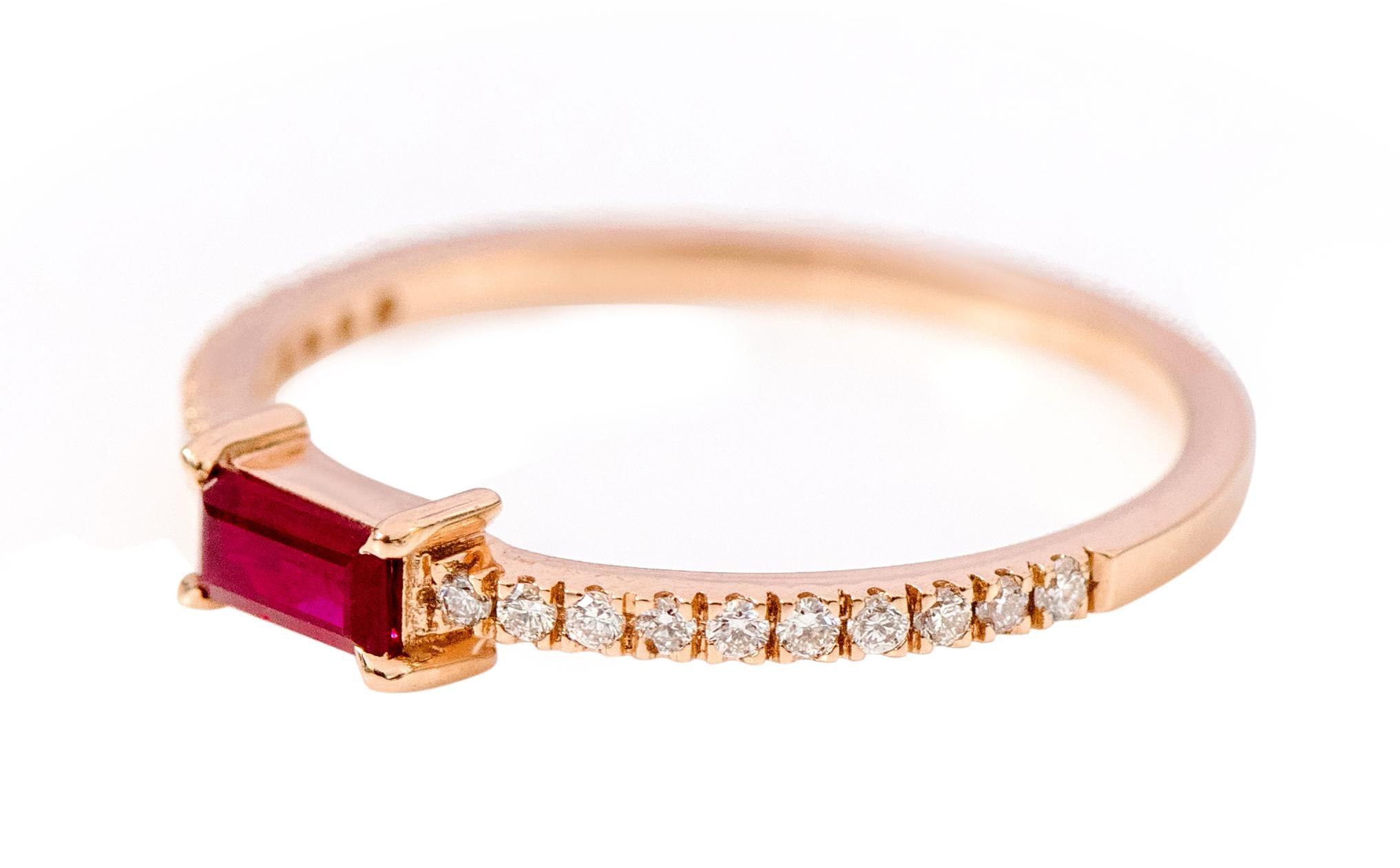 Contemporary 18 Karat Rose Gold Ruby and Diamond Solitaire Eternity Band Ring For Sale
