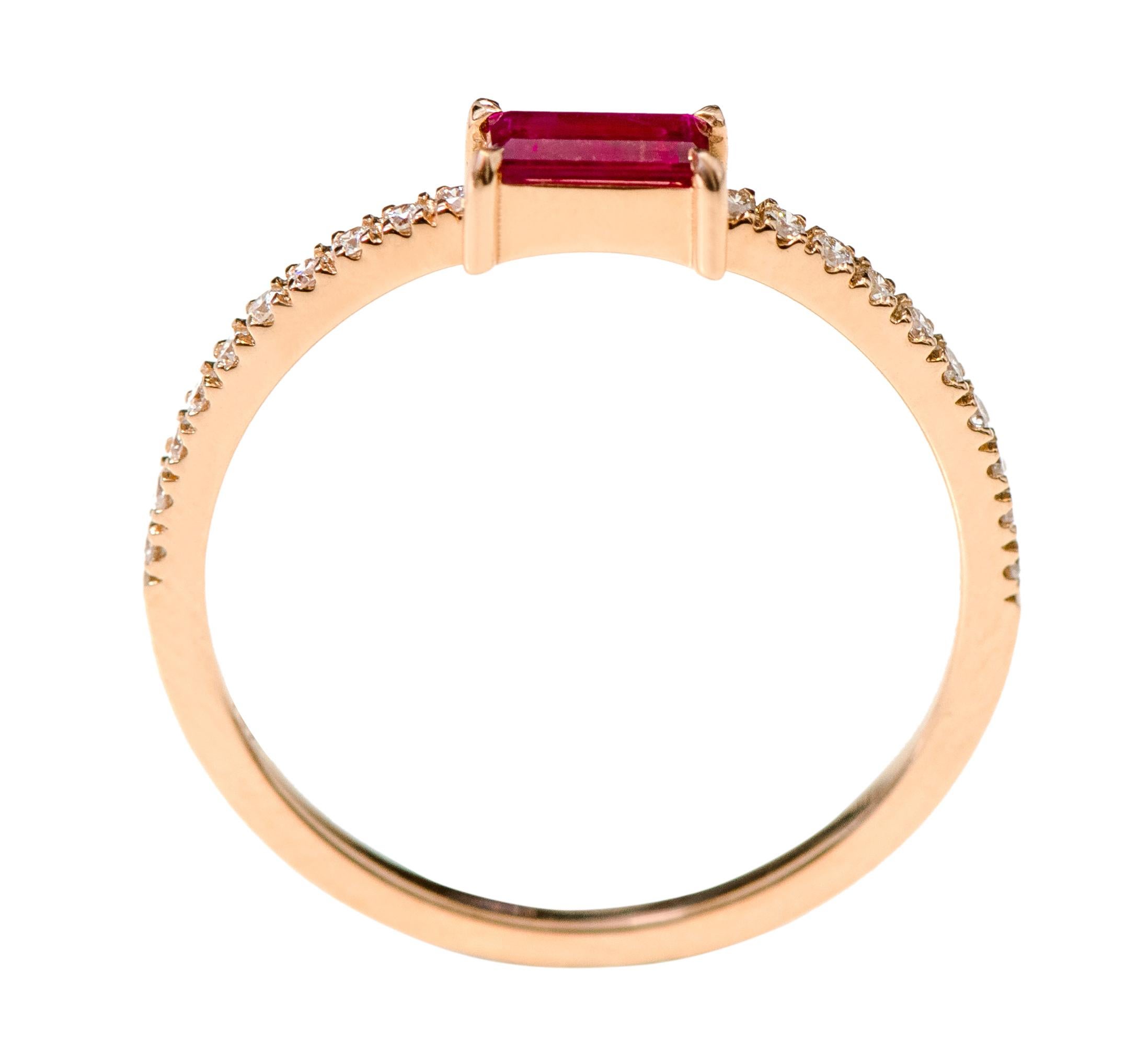 Baguette Cut 18 Karat Rose Gold Ruby and Diamond Solitaire Eternity Band Ring For Sale