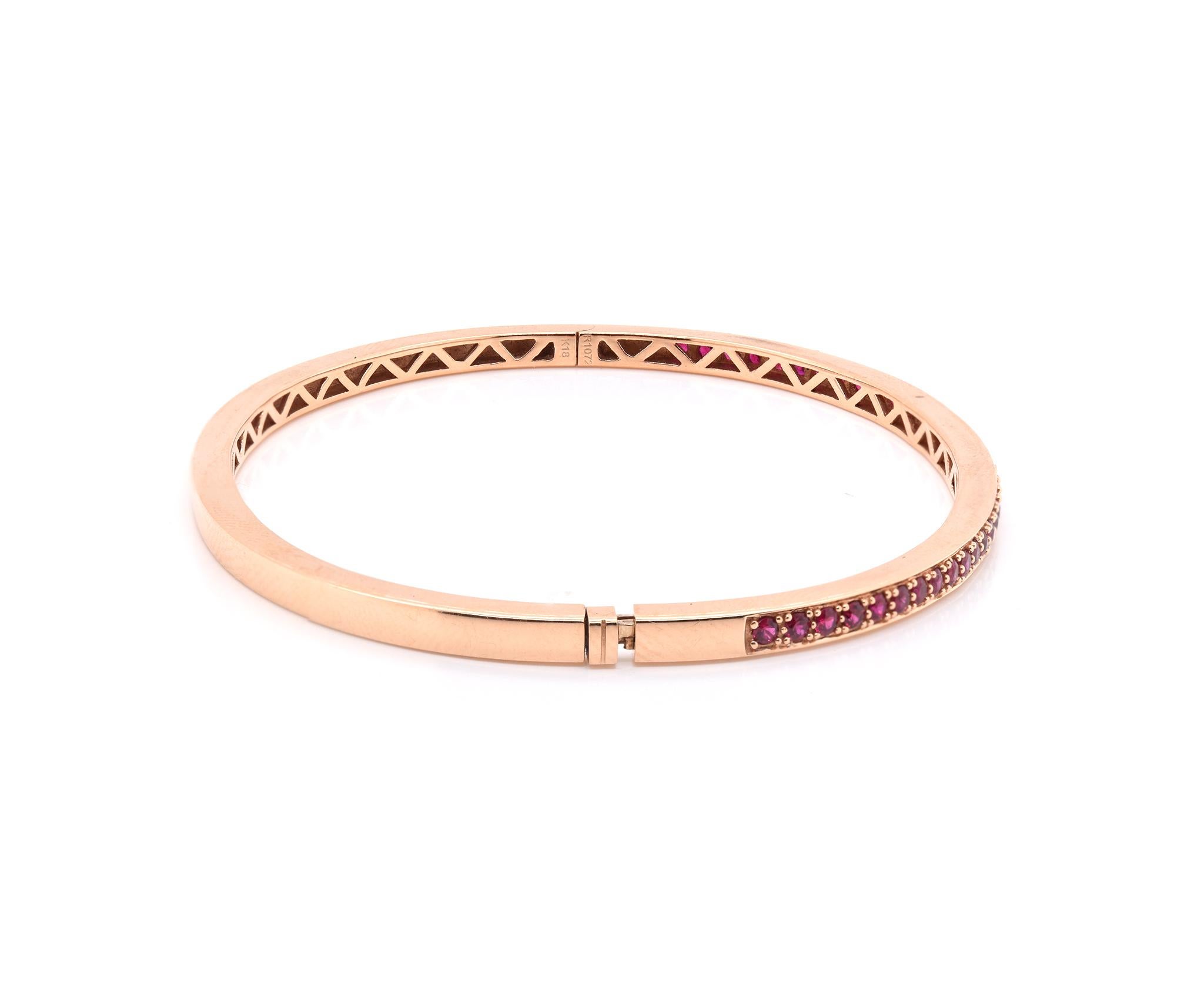 Designer: custom
Material: 18K rose gold
Ruby: 38 round cut = 1.07cttw
Color: Pigeons Blood
Clarity: AAA+
Weight:  12.10 grams
Dimensions: bracelet measures 6.5-inches
