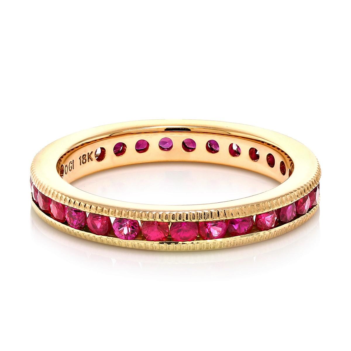 Eighteen Karats Rose Gold Ruby Eternity Band Milgrain Edge Weighing 1.90 Carat In New Condition In New York, NY