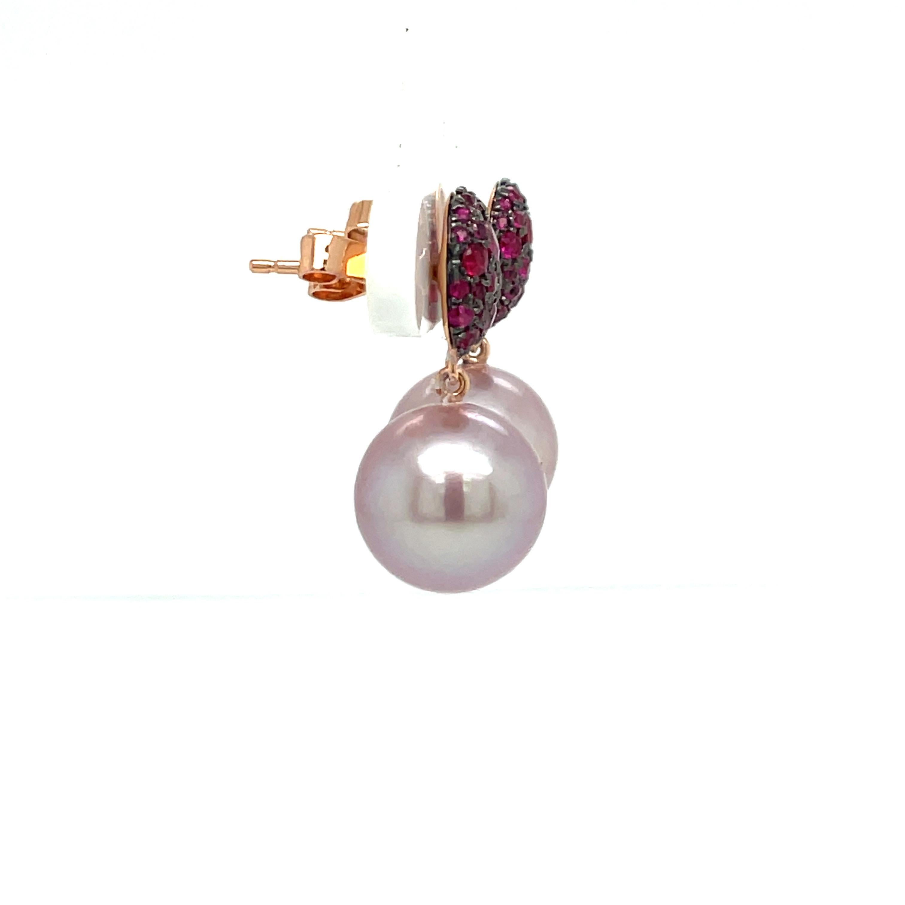 18 Karat Rose Gold Ruby Fresh Water Pearl Drop Earrings 0.92 Carats 5