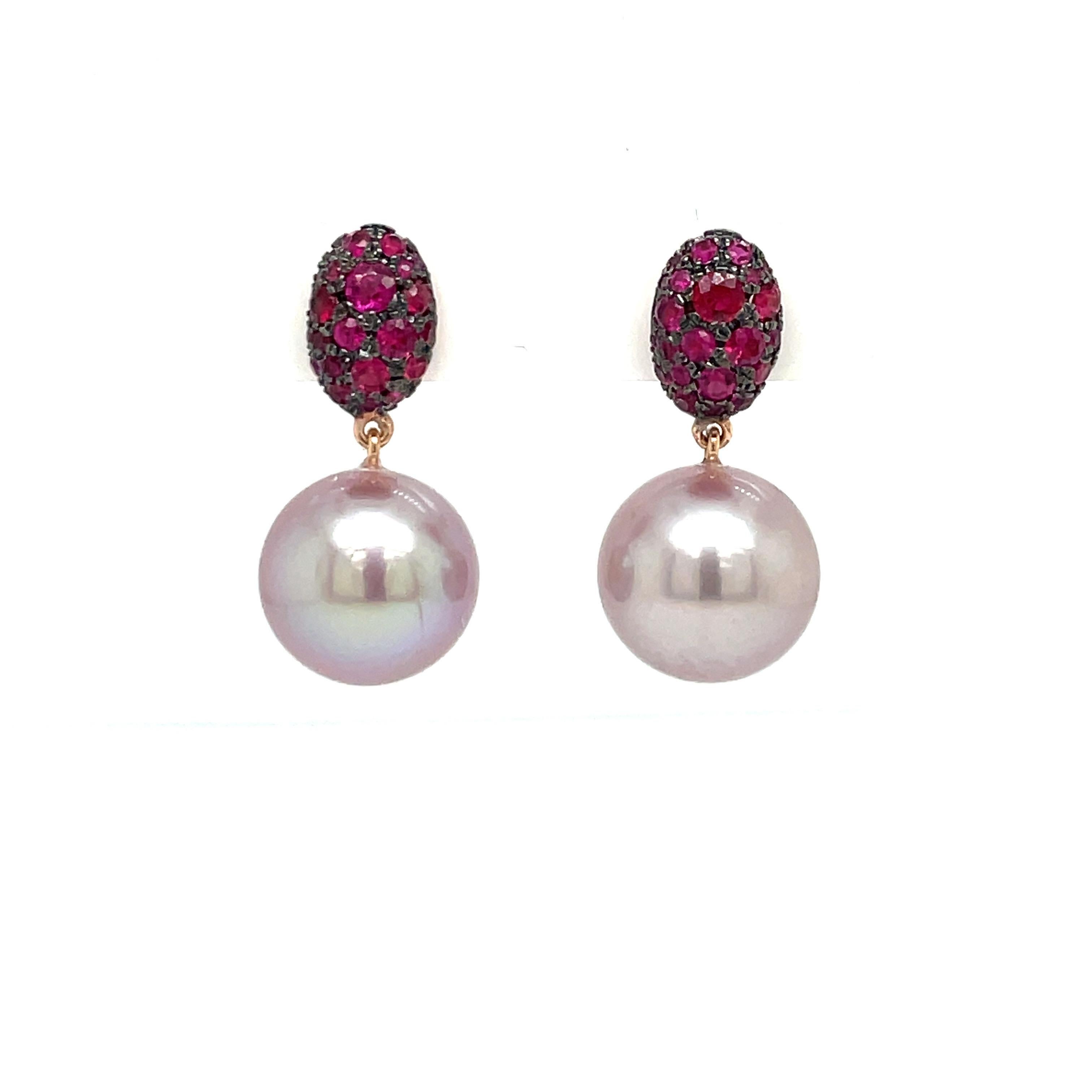 Contemporary 18 Karat Rose Gold Ruby Fresh Water Pearl Drop Earrings 0.92 Carats
